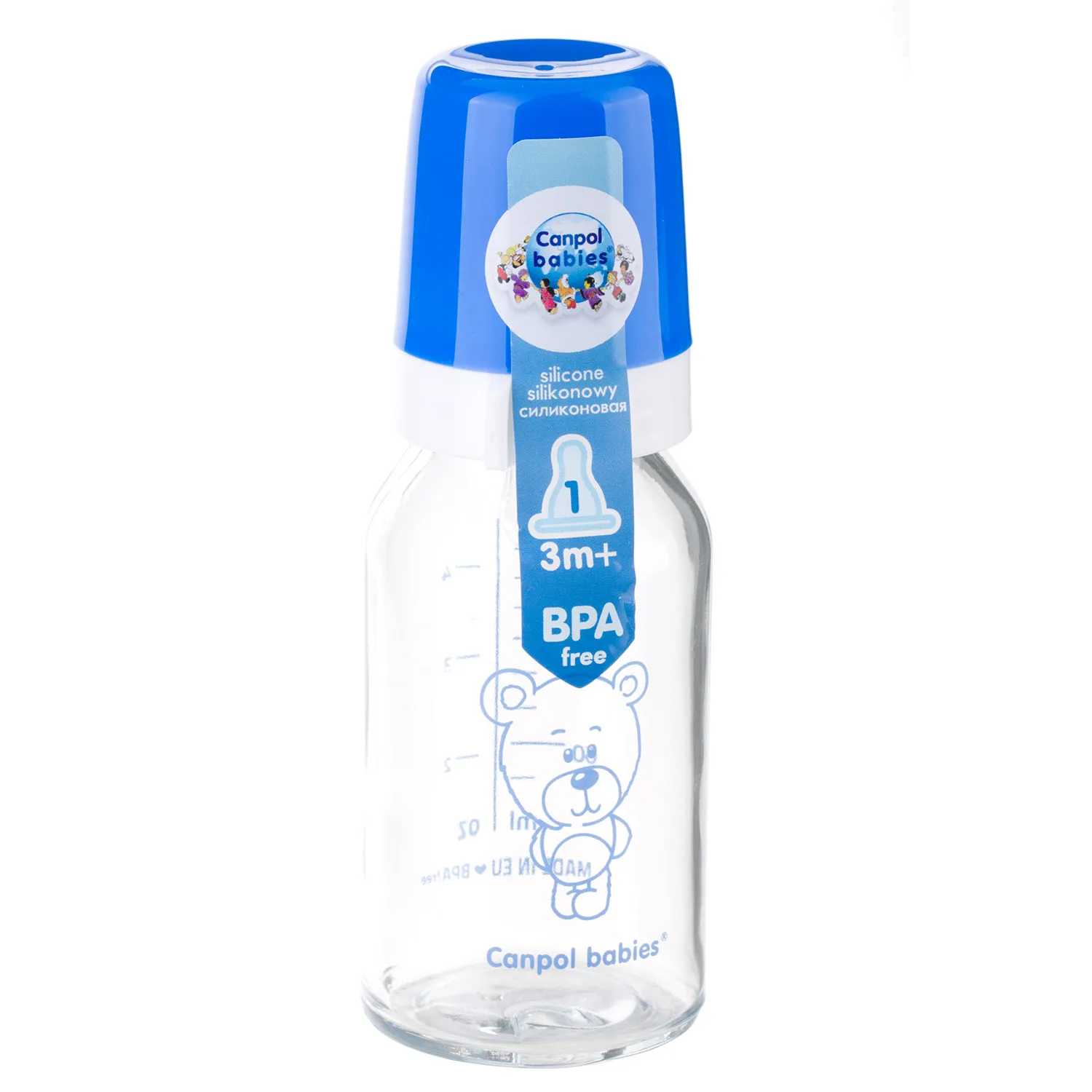 Canpol Babies, butelka szklana ze smoczkiem, rozmiar 1, wolny przepływ, 3-6 miesiąca 42/102, 120 ml