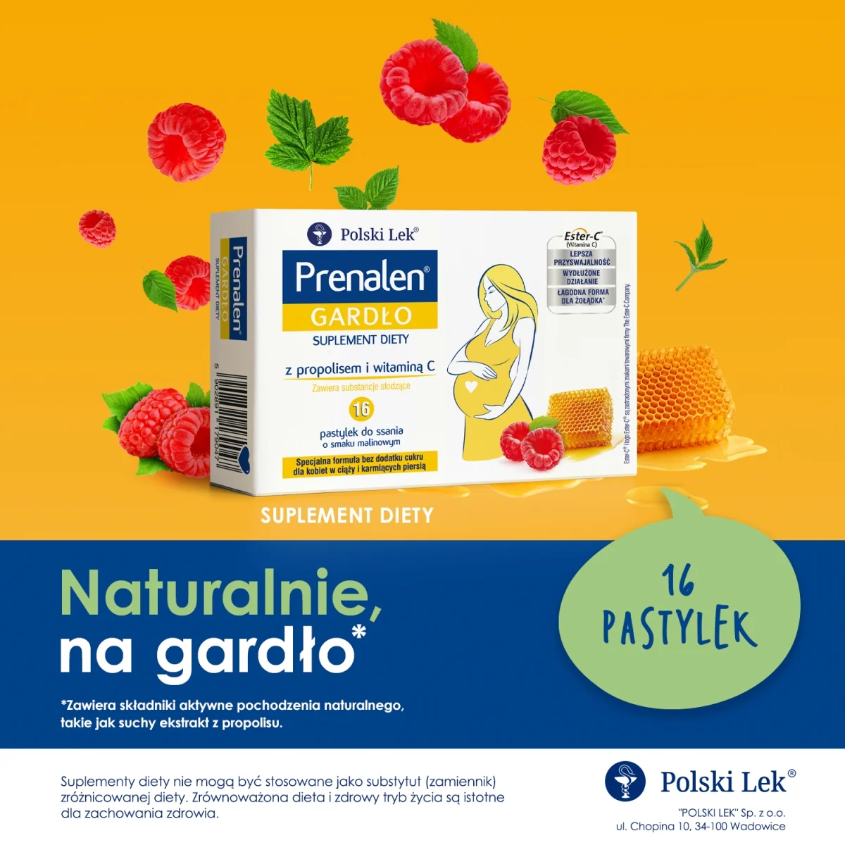 Prenalen Gardło suplement diety w postaci pastylek do ssania, specjalna formuła bez cukru, 16 pastylek