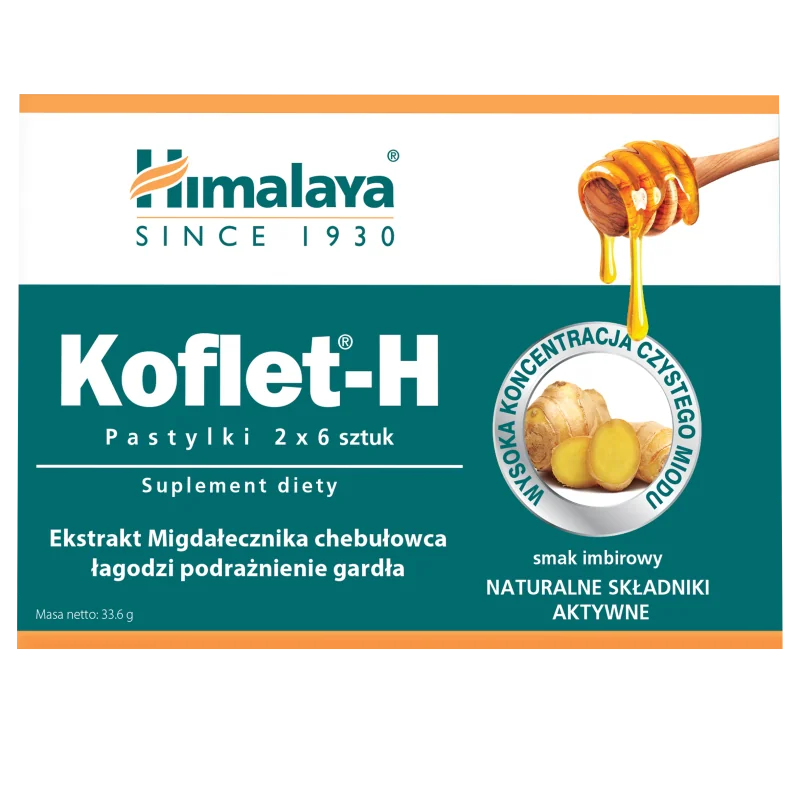 Himalaya Koflet-H suplement diety, smak imbirowy, 12 pastylek do ssania