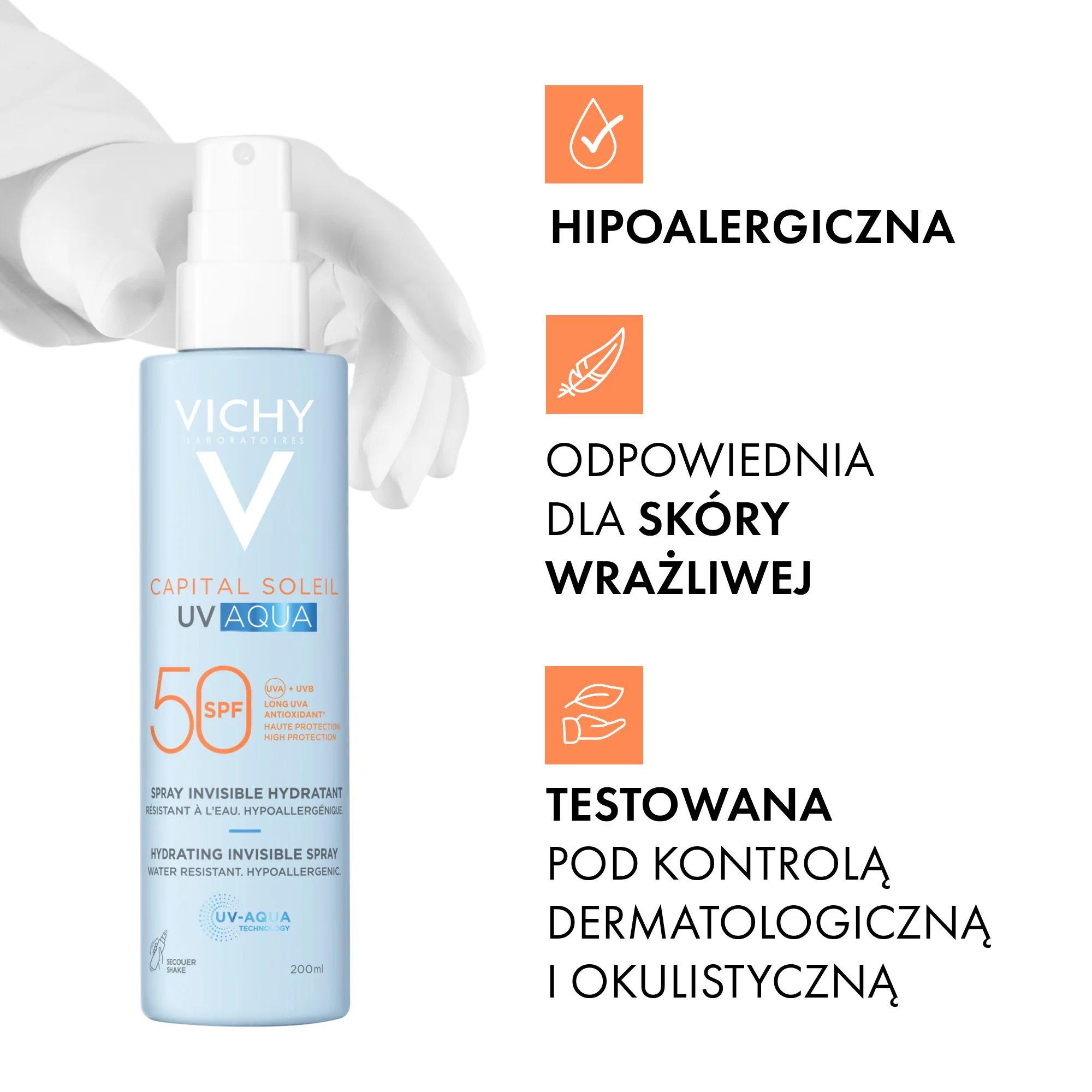Vichy Capital Soleil UV-Aqua wodoodporny spray przeciwsłoneczny do ciała SPF 50, 200 ml