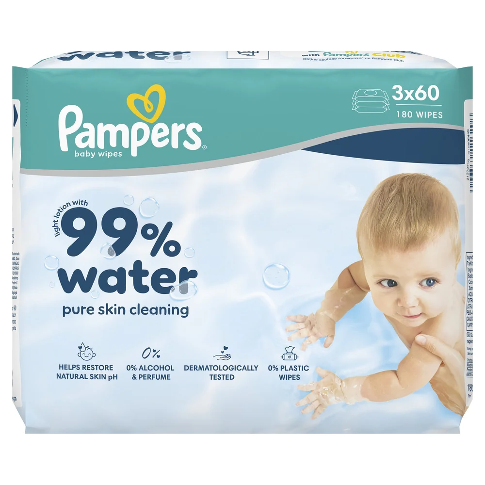 Pampers 99% Water chusteczki nawilżane dla dzieci, 3 x 60 sztuk