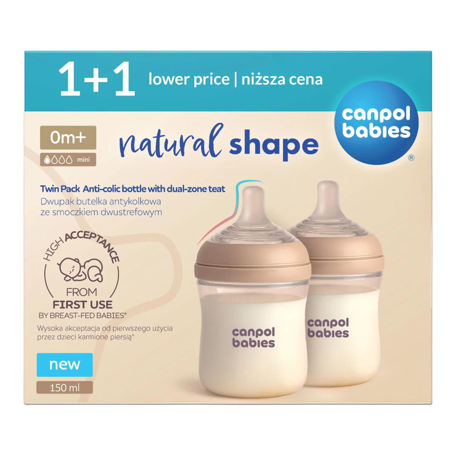 Canpol Babies Natural Shape Dwupak butelka ze smoczkiem dwustrefowym 150 ml, 2 sztuki