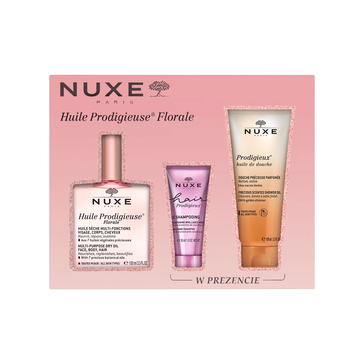 NUXE Huile Prodigieuse® Florale zestaw, suchy olejek, 100 ml + szampon do włosów, 30 ml + olejek pod prysznic, 100 ml