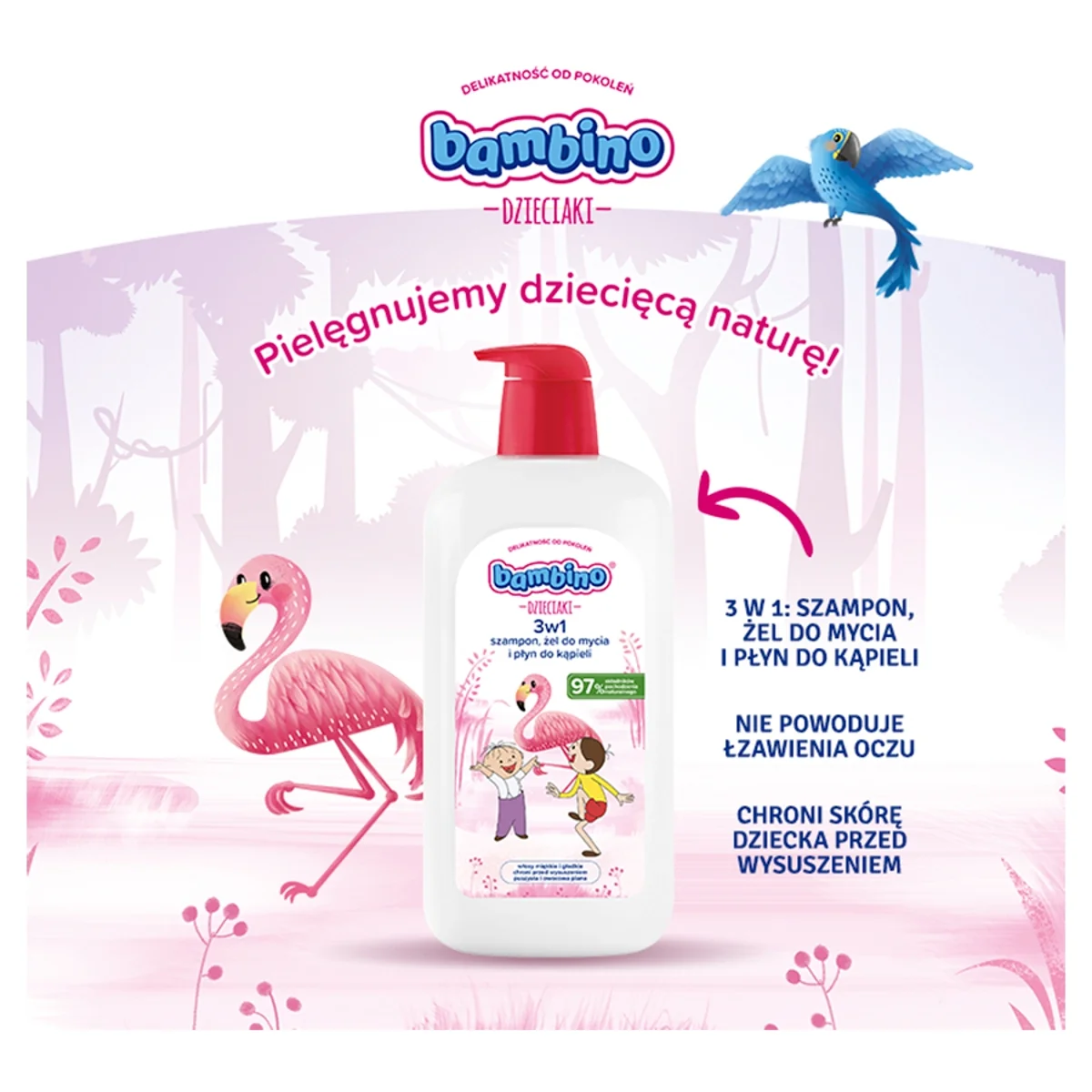 Bambino Dzieciaki Flaming 3w1 szampon, żel pod prysznic i płyn do kąpieli, 1000 ml