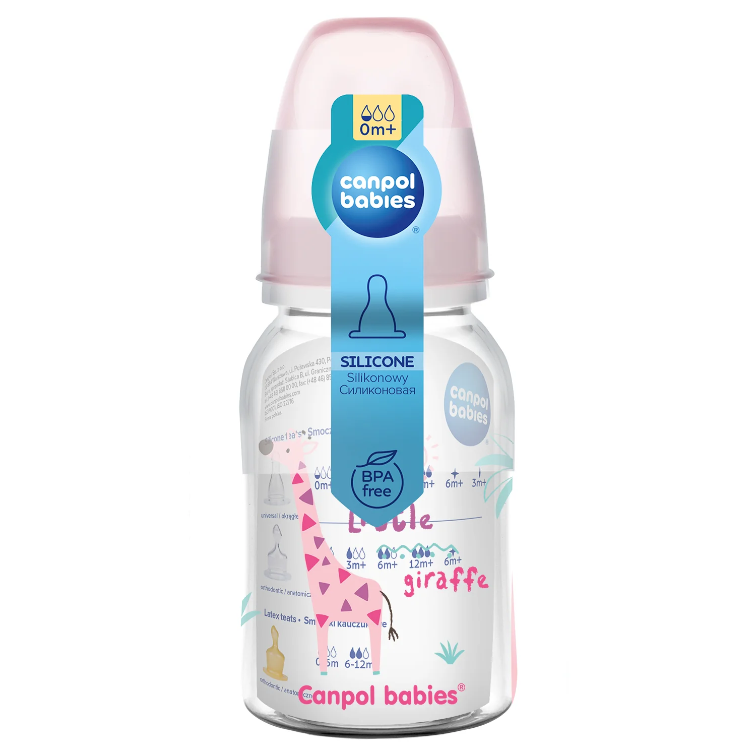Canpol Babies Africa Little Giraffe różowa wąska butelka 120 ml, 1 sztuka