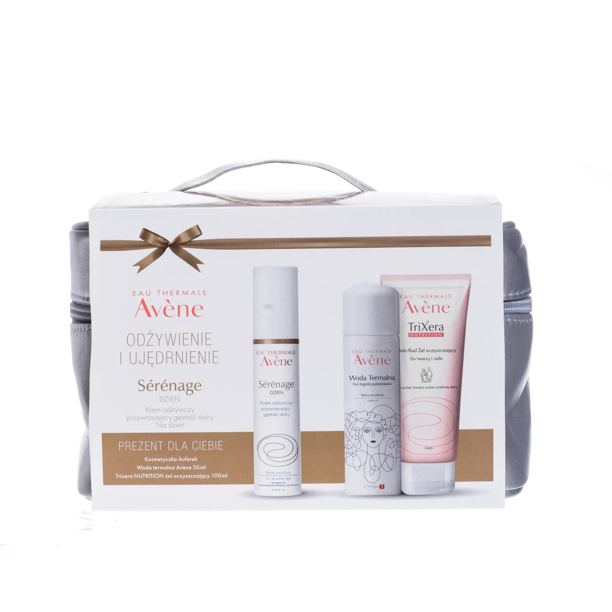 Avene zestaw Serenage, krem na dzień, 30 ml + woda termalna, 50 ml + żel, 100 ml + kuferek