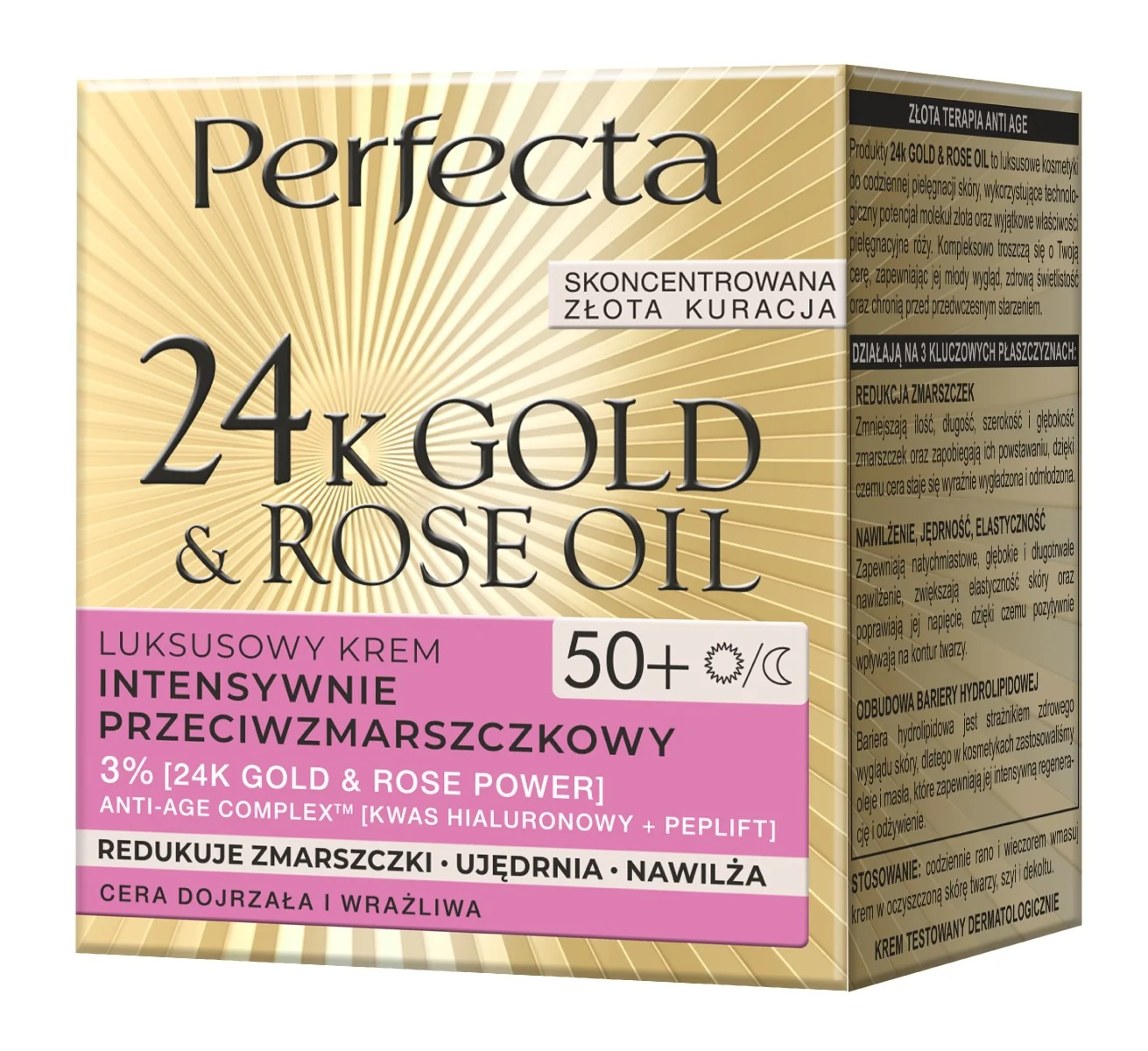 Perfecta 24K Gold & Rose Oil luksusowy krem przeciwzmarszaczkowy do twarzy 50+, 50 ml