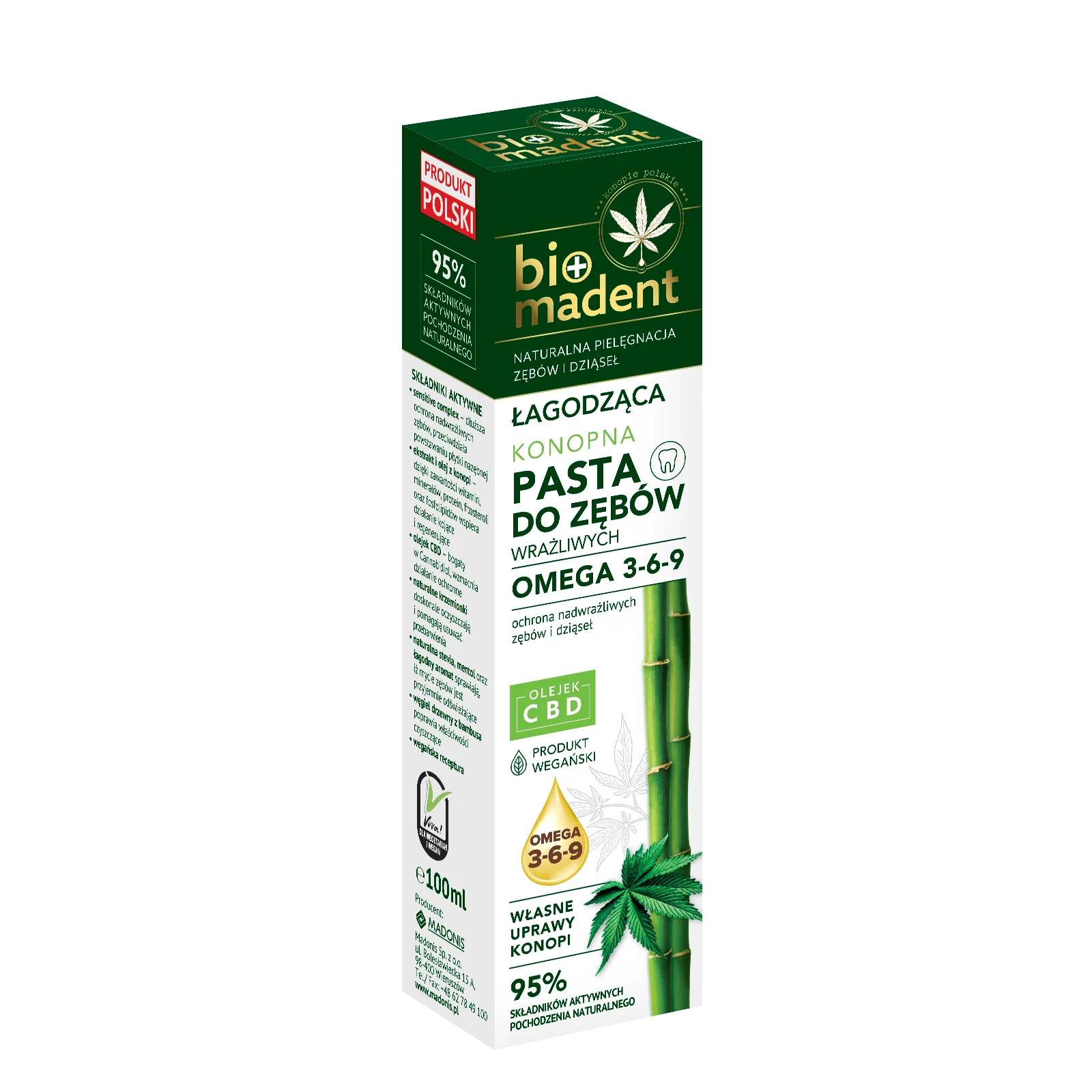 BIO MADENT łagodząca konopna pasta do zębów wrażliwych z kwasami Omega i olejkiem CBD, 100 ml