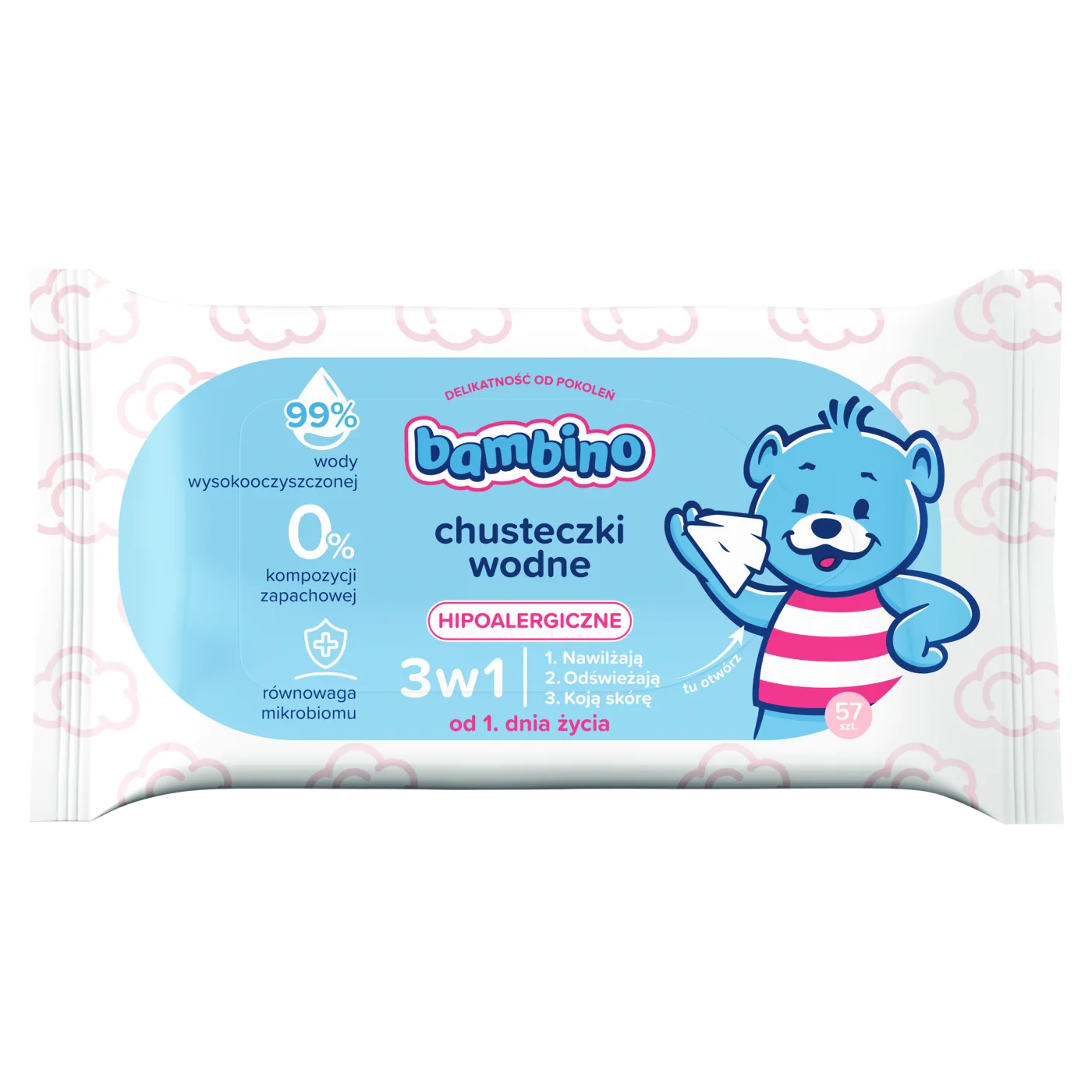 Bambino chusteczki wodne 3w1, 57 sztuk