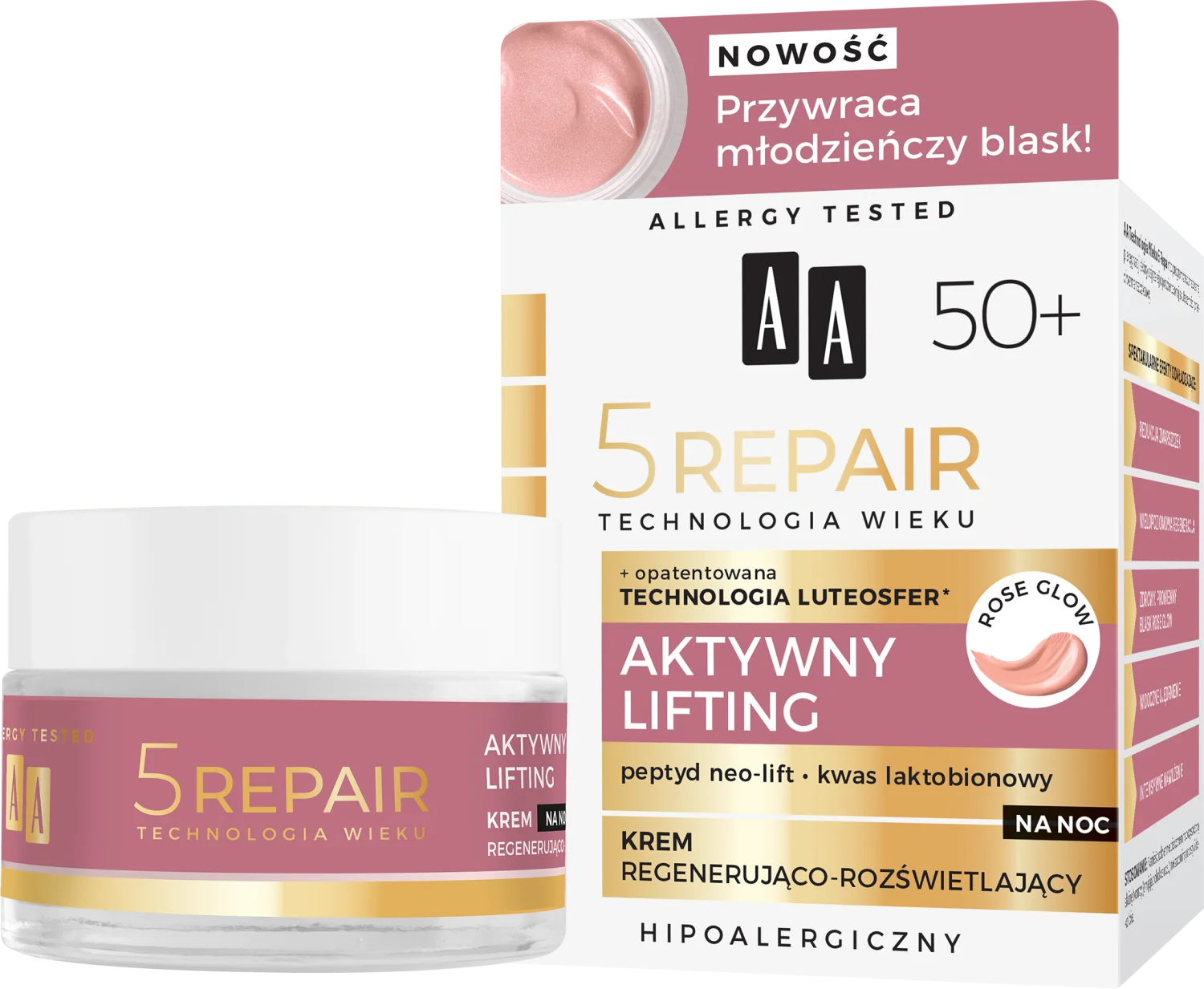 AA 5Repair regenerująco-rozświetlający krem do twarzy na noc 50+, 50 ml