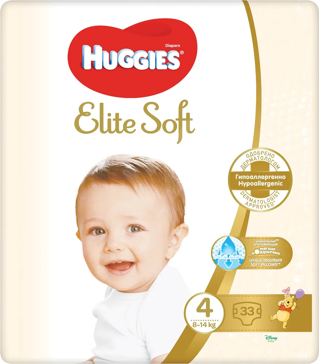 Huggies Elite Soft, pieluchy, rozmiar 4, 8-14 kg, 33 sztuki