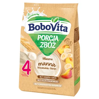 BoboVita Porcja Zbóż, kaszka mleczna manna brzoskwinia-banan po 4 miesiącu, 210 g Porcja Zbóż mleczna manna brzoskwinia-banan, 210 g