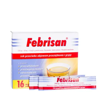 Febrisan, ( 750 mg + 60 mg + 10 mg )/ 5g, proszek musujący ( Paracetamolum + Acidum ascorbicum + Phenyloprini hydrochlorium ), 16 saszetek 