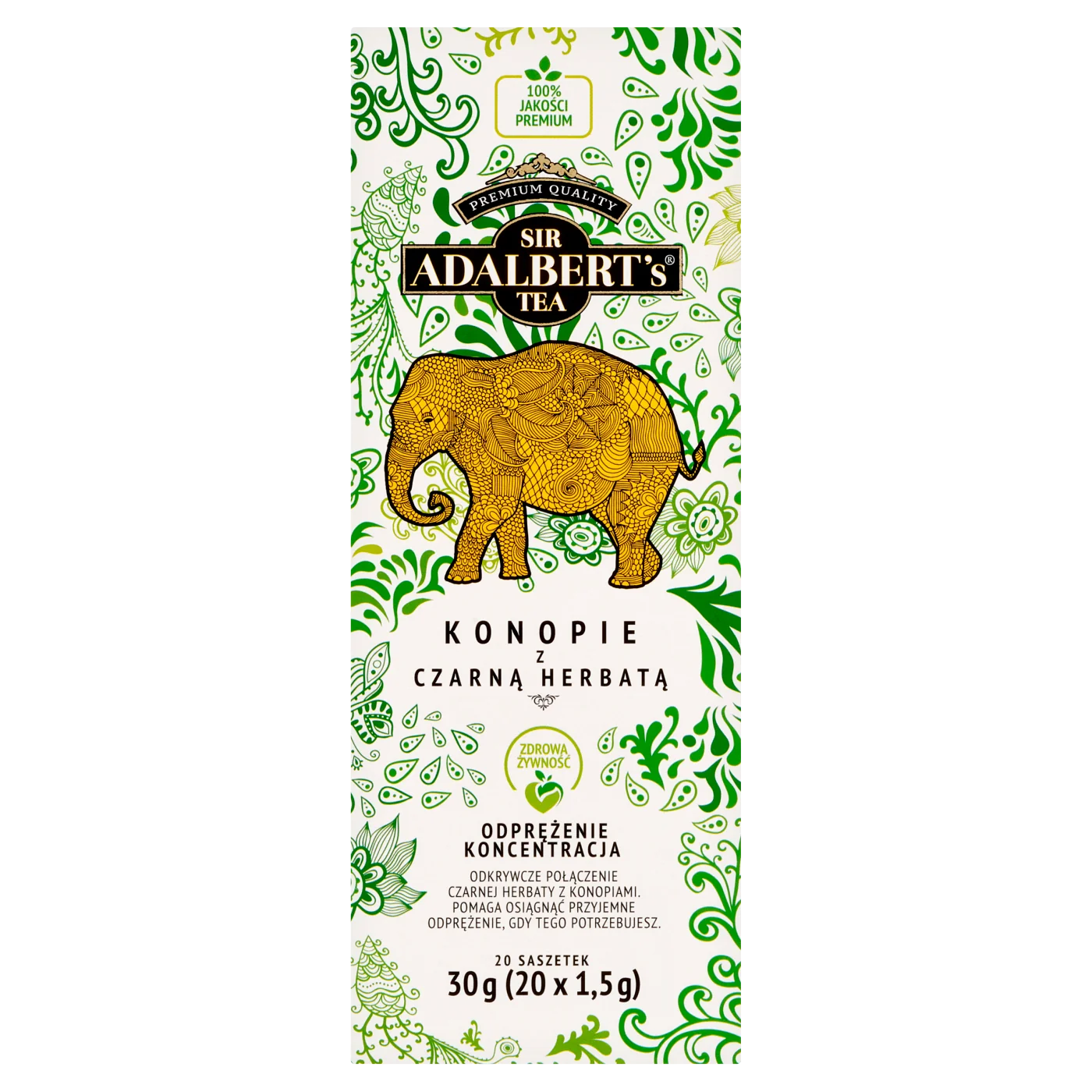 Sir Adalbert's Tea ziołowa herbata w saszetkach Konopie z czarną herbatą ODPRĘŻENIE KONCENTRACJA, 20 x 1,5 g