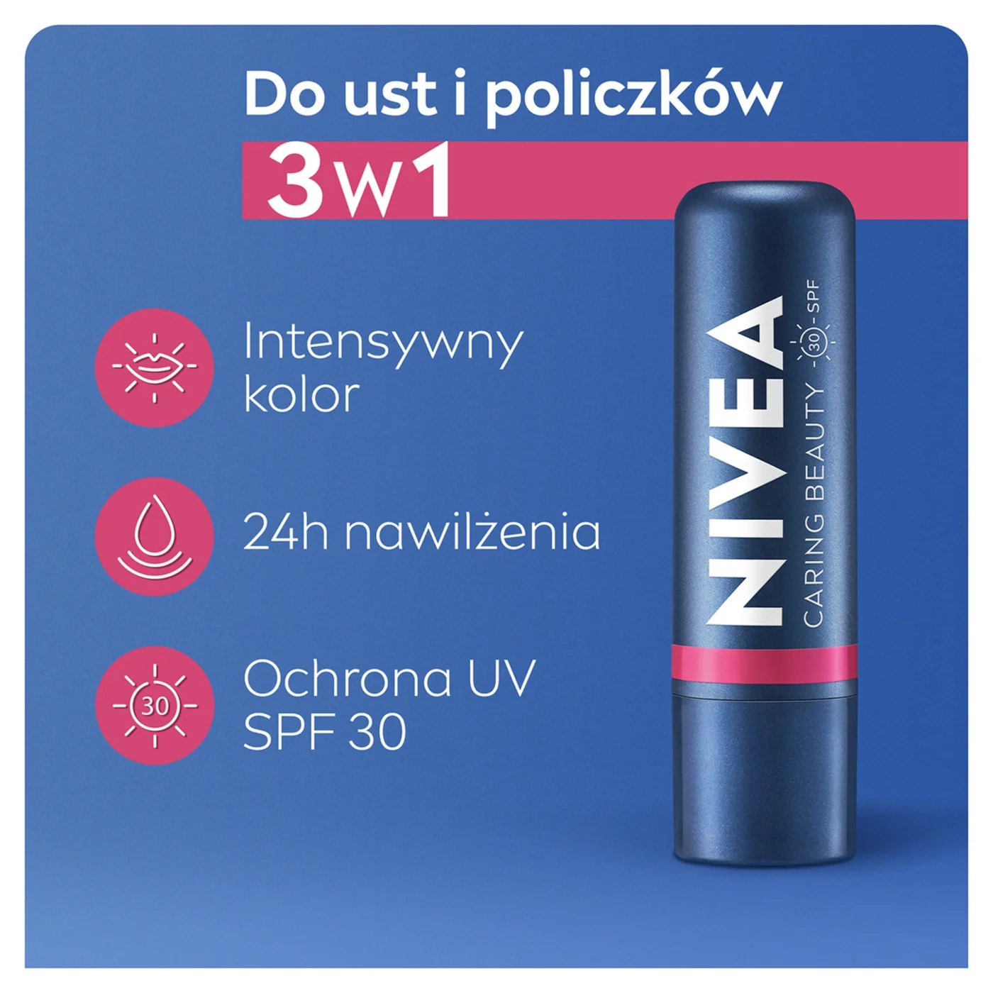 Nivea Caring Beauty 3w1 pomadka pielęgnująca Pink, 4,8 g