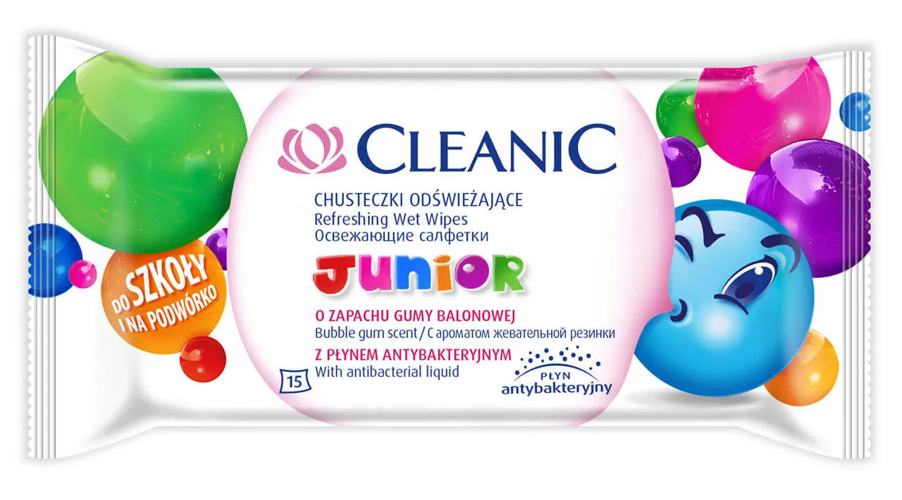 Cleanic Junior, nawilżane chusteczki odświeżające, zapach gumy balonowej, 15 sztuk. Data ważności 2022-05-31