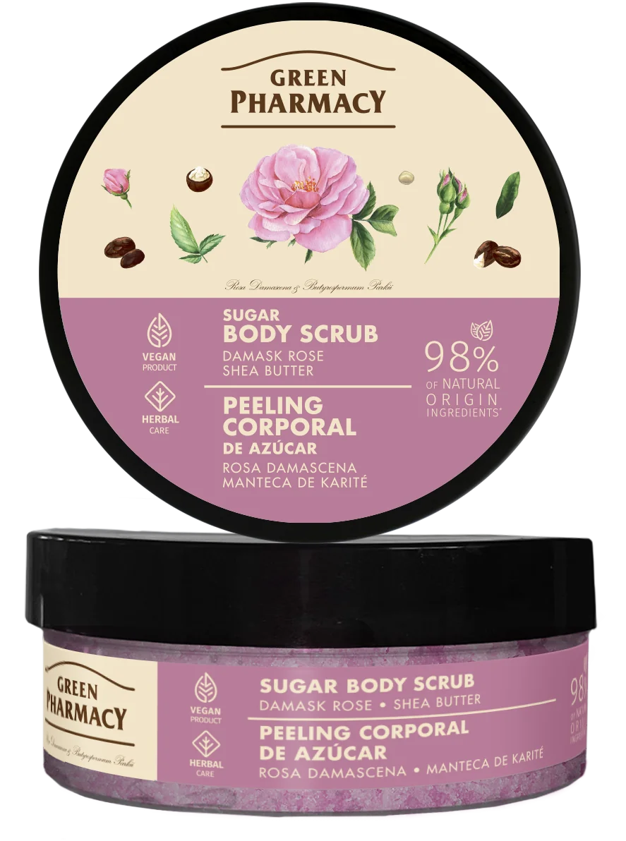 Green Pharmacy peeling cukrowy do ciała, Róża damasceńska i masło shea, 200 ml