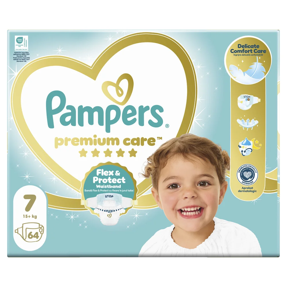 Pampers Premium Care 7 pieluchy, rozmiar 7, 15+ kg, 64 sztuki