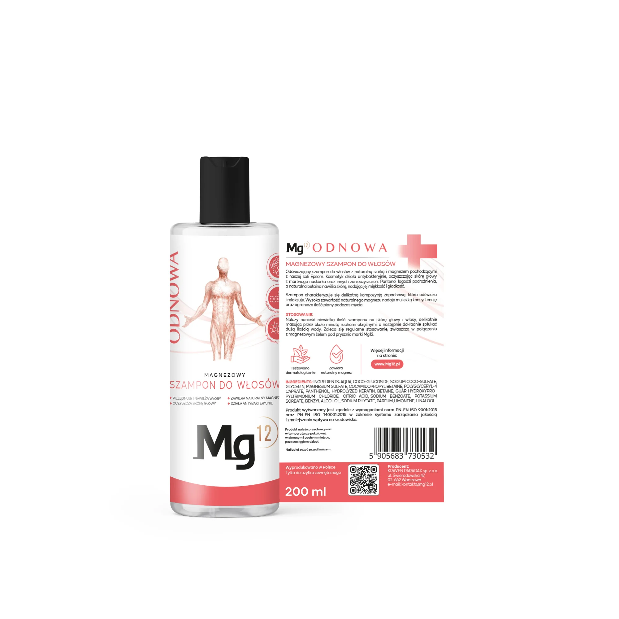 Mg12 Odnowa oczyszczający szampon do włosów z solą Epsom, 200 ml