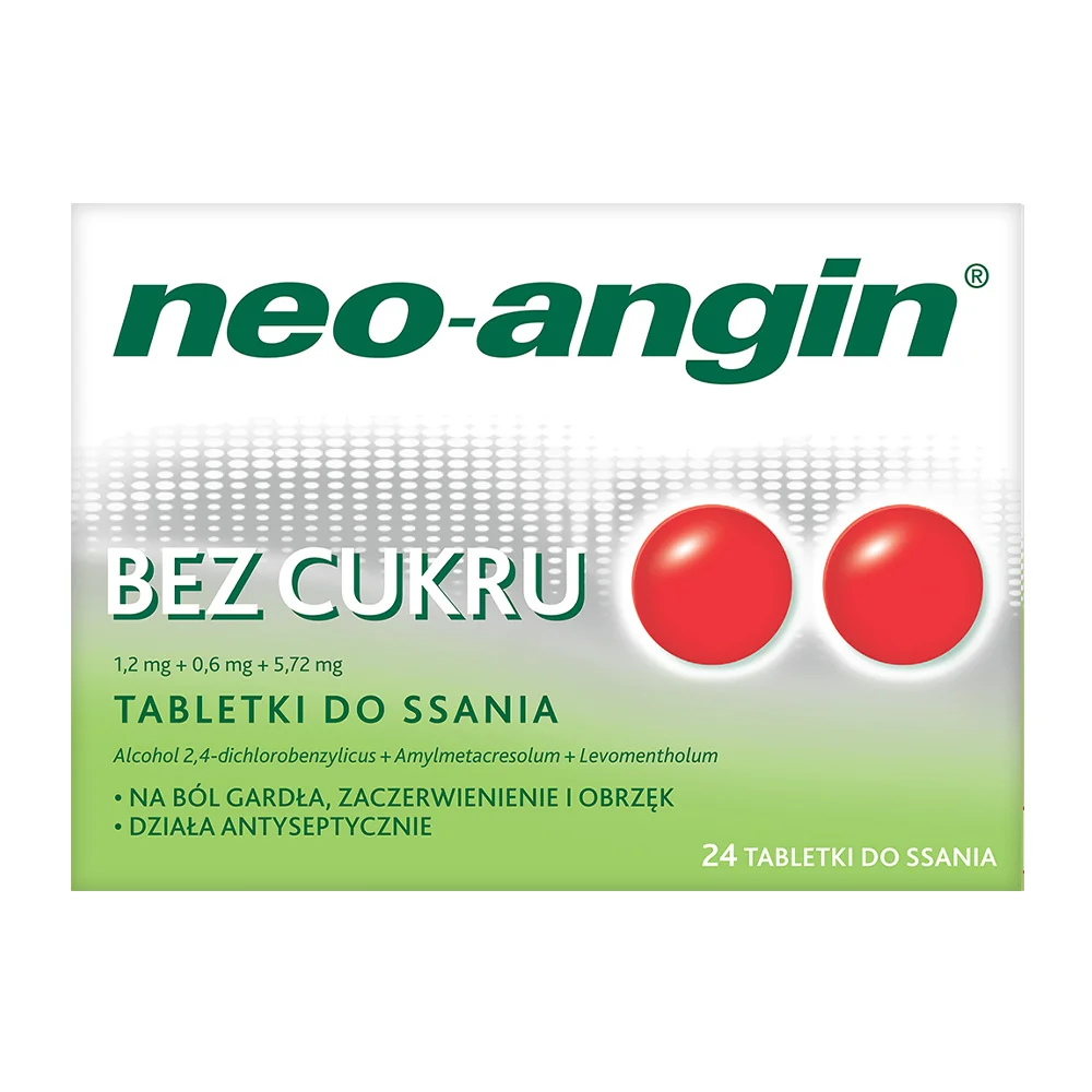Neo-Angin bez cukru 1,2 mg + 0,6 mg + 5,72 mg 24 tabletki do ssania