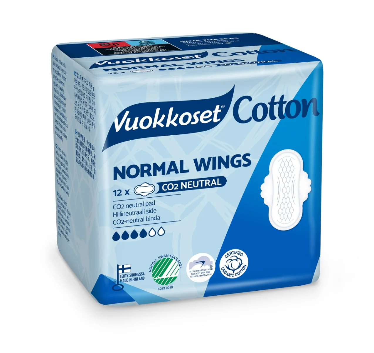 Vuokkoset Cotton Normal Wingd ekologiczne podpaski ze skrzydełkami, 12 szt.