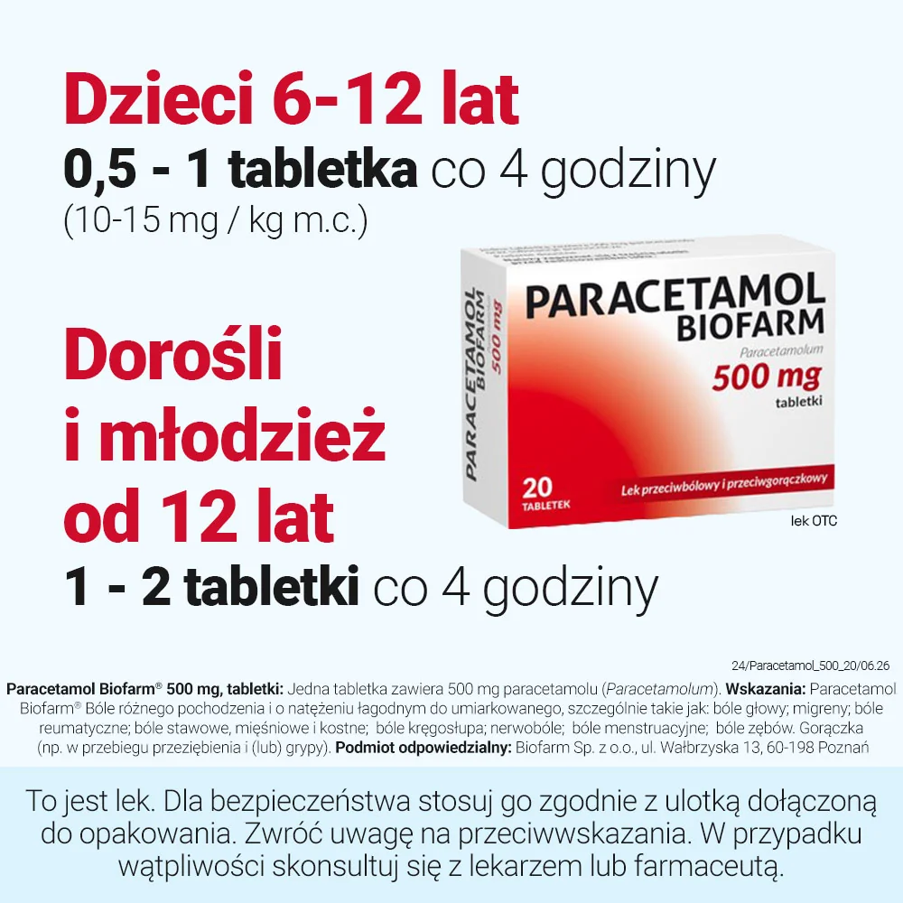 Paracetamol Biofarm 500 mg, 20 tabletek