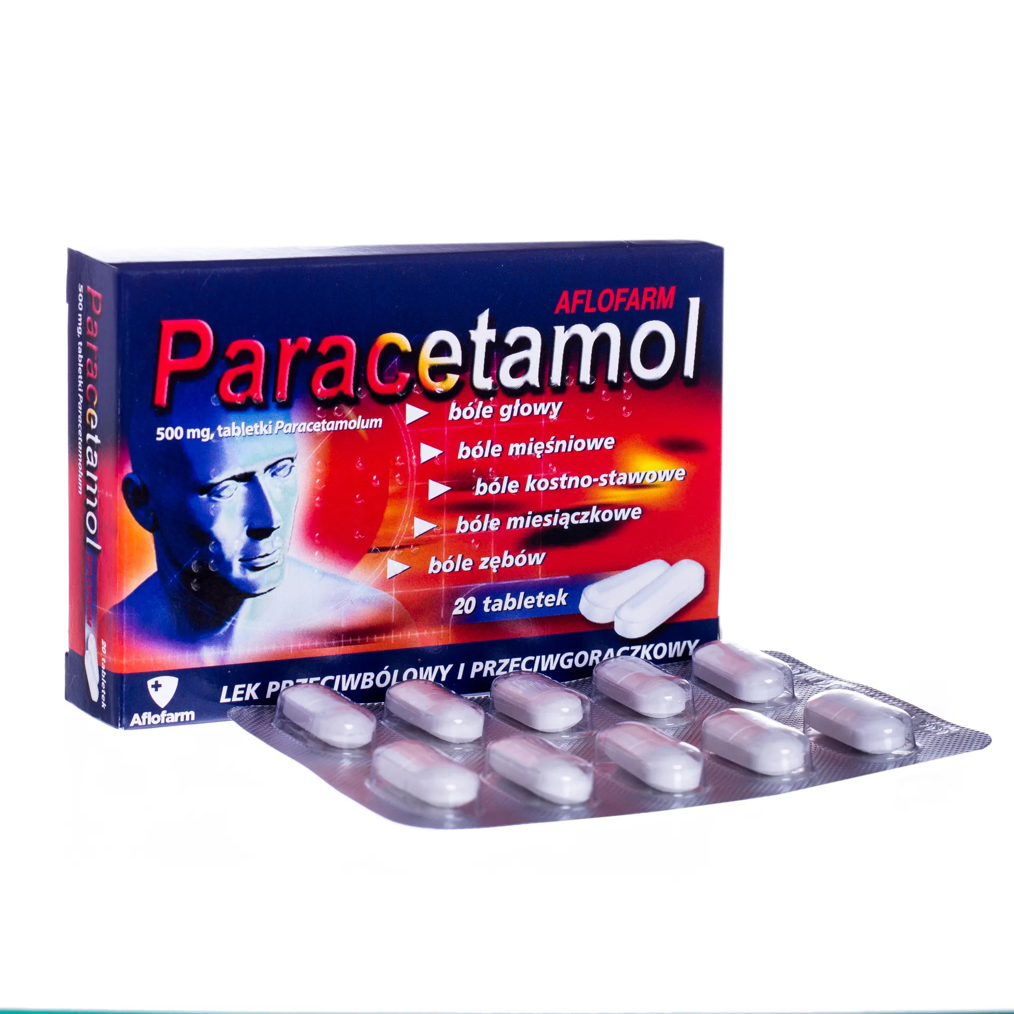 Paracetamol Aflofarm, 500 mg, lek przeciwbólowy i przeciwgorączkowy, 20 tabletek