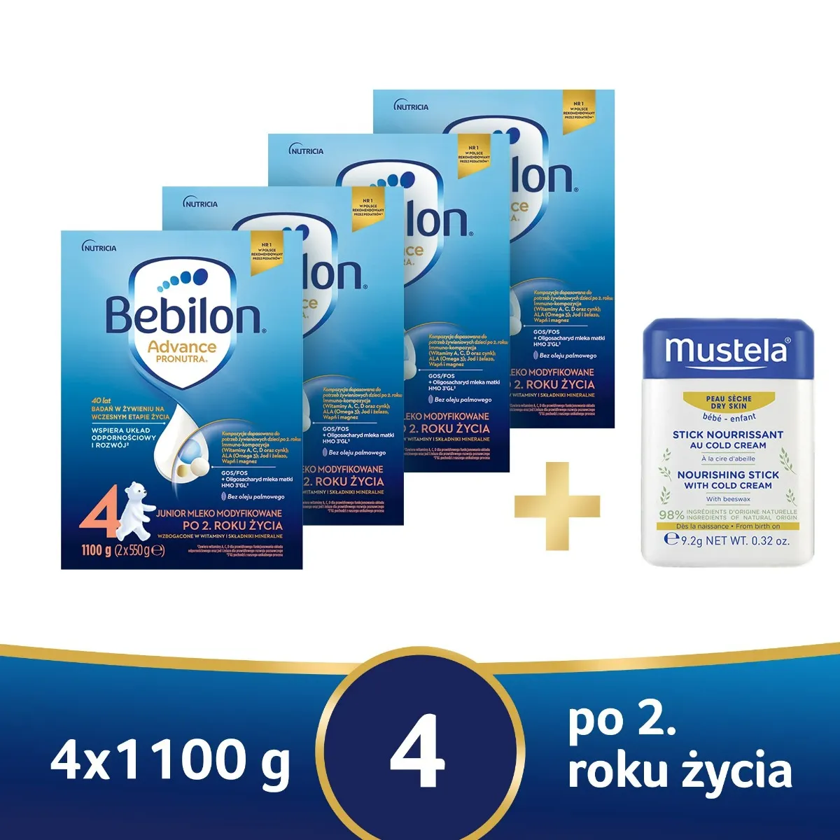 Bebilon 4 Pronutra Advance, mleko modyfikowane po 2. roku życia, 4 x 1100 g + Mustela Bebe, sztyft ochronny z Cold Cream, 9,2 g