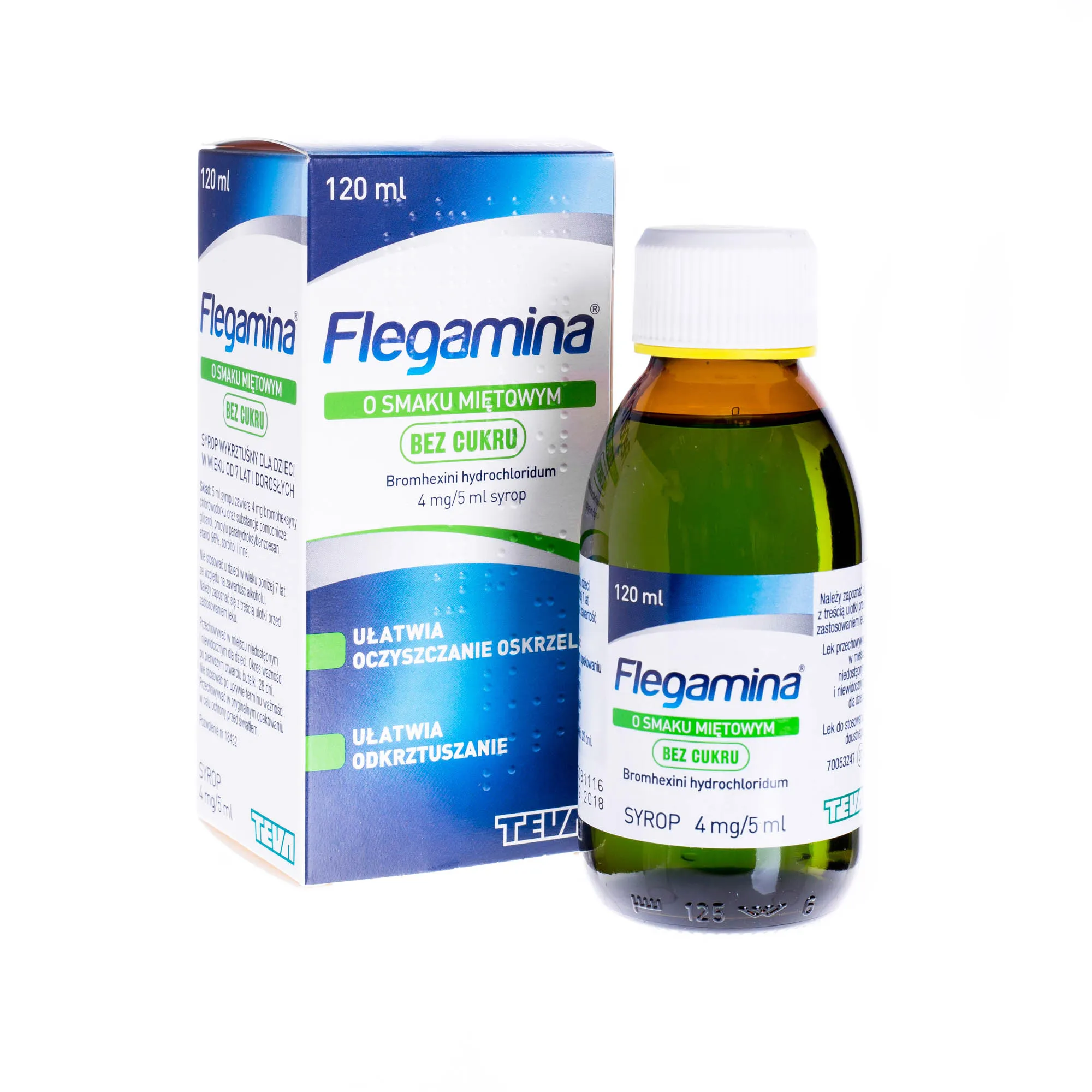 Flegamina, o smaku miętowym bez cuktru Bromhexini hydrochloridum 4 mg/ 5 ml syrop, 120 ml