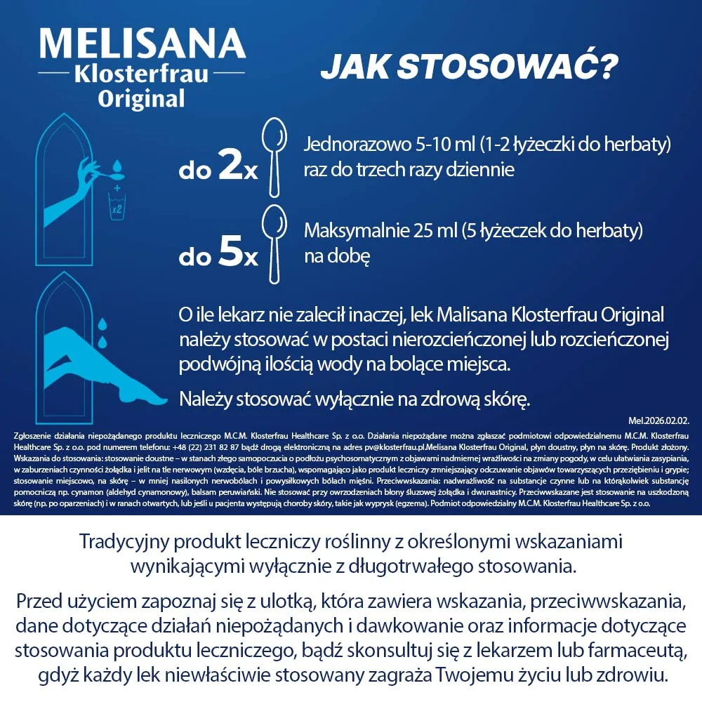 Melisana Klosterfrau Original płyn doustny, płyn na skórę, 155 ml