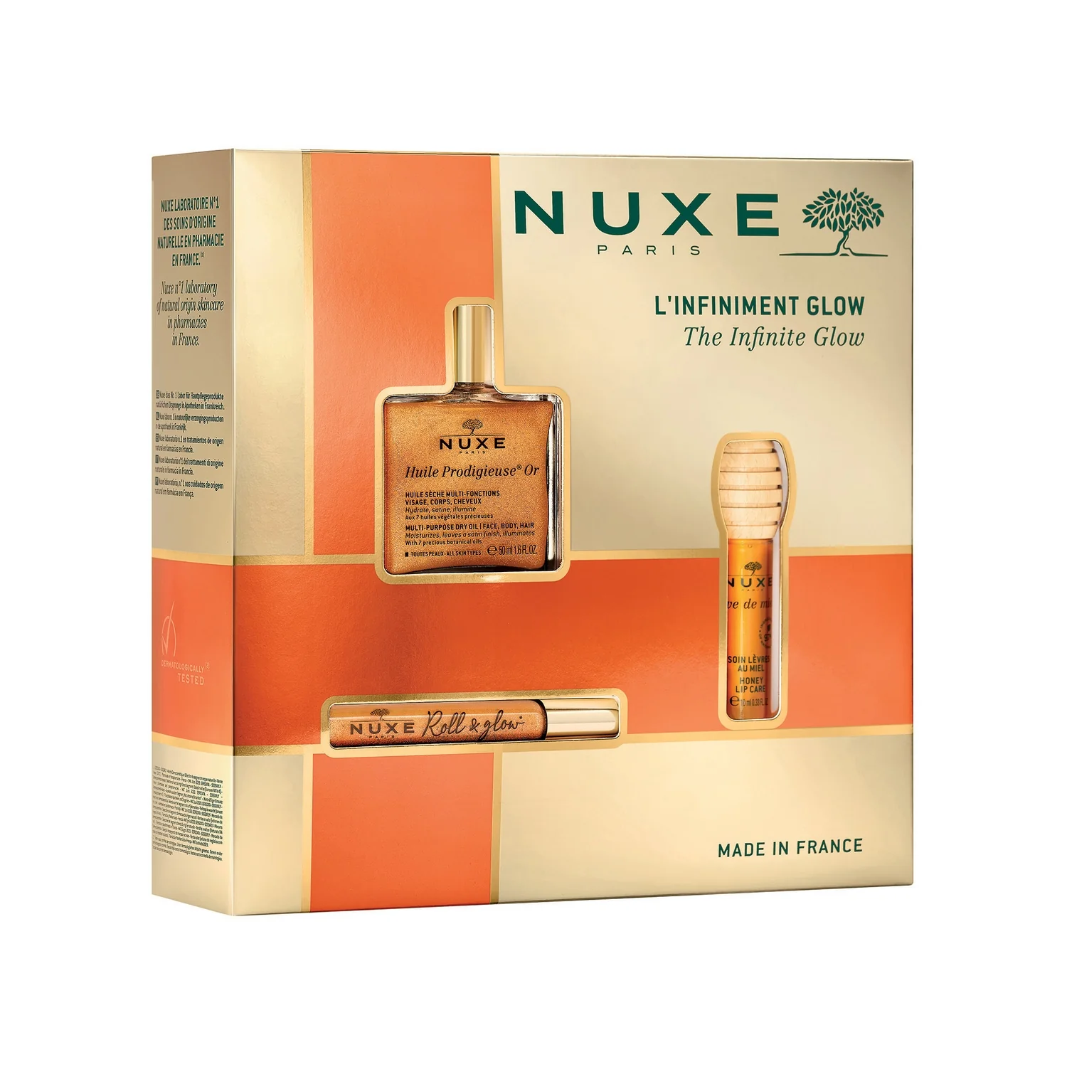 Nuxe The Infinite Glow Huile Prodigieuse Or suchy olejek roll-on, 8 ml + suchy olejek pielęgnacyjny o wielu zastosowaniach ze złotymi drobinkami, 50 ml + Rêve de Miel® Miodowy olejek do ust, 10 ml