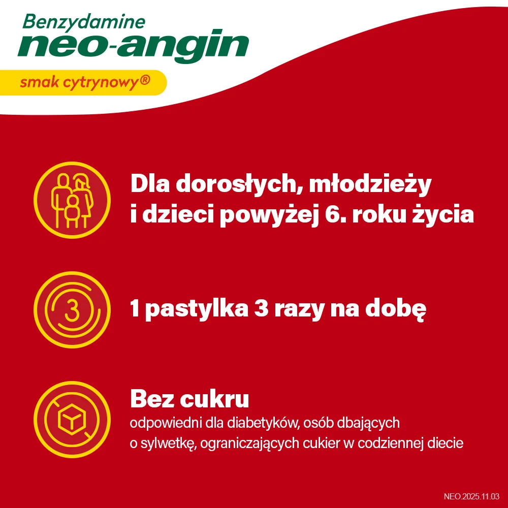 Benzydamine neo-angin 3 mg smak cytrynowy 20 pastylek do ssania
