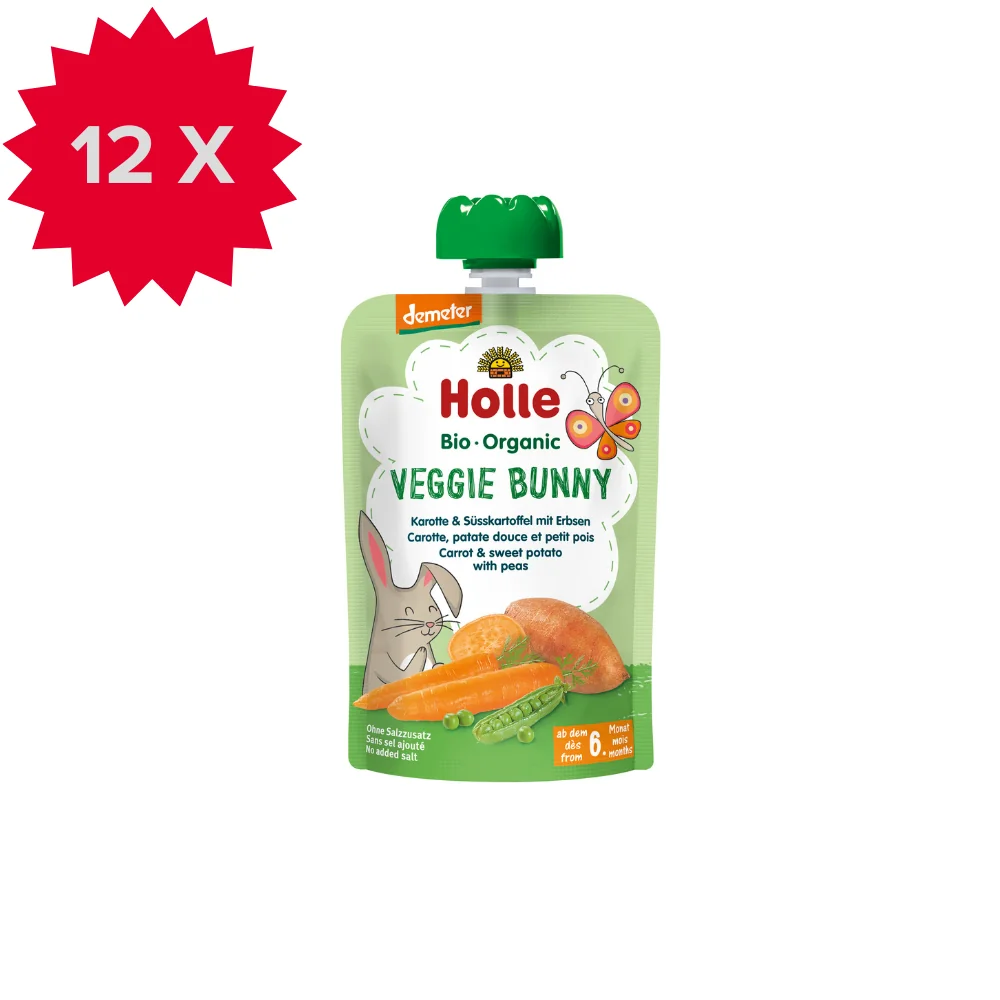 Holle BIO Demeter mus warzywny z marchewką słodkim ziemniakiem i groszkiem Warzywny Królik, 12 x 100 g