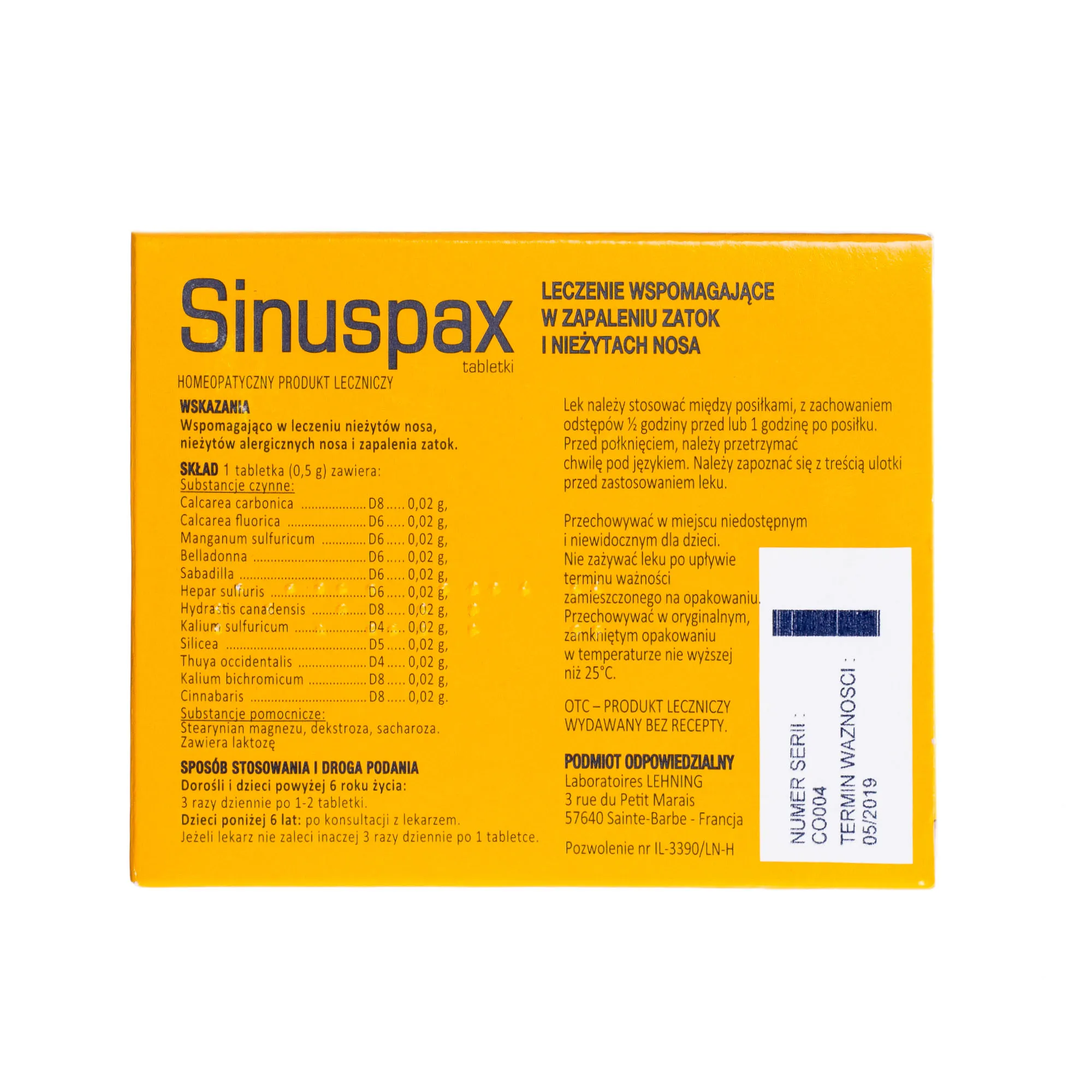Lehning Sinuspax Dorośli i dzieci, homeopatyczny produkt leczniczy, 60 tabletek 