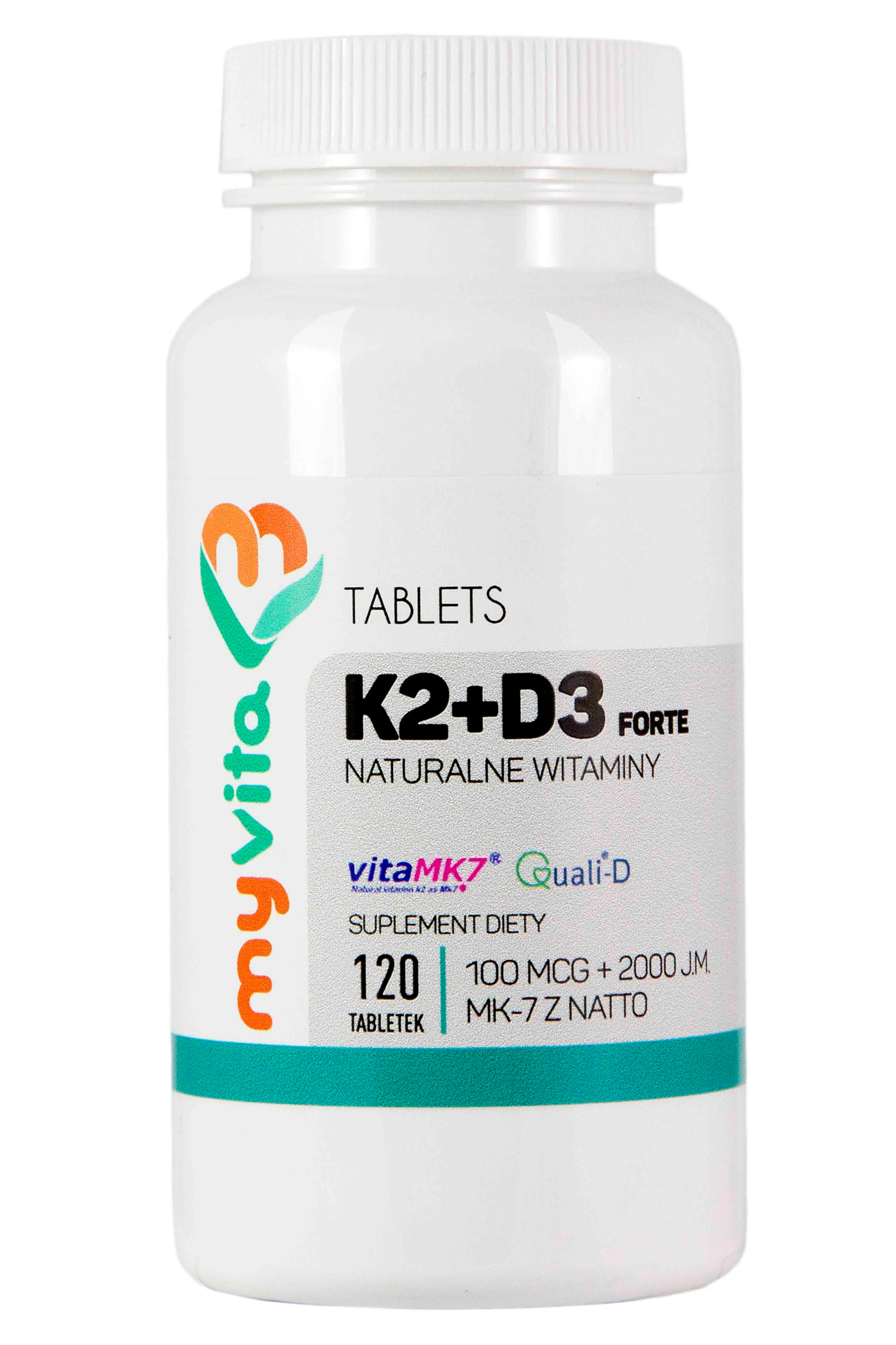 MyVita, Naturalna witamina K2+D3 100mcg + 2000IU Forte, suplement diety, 120 tabletek
