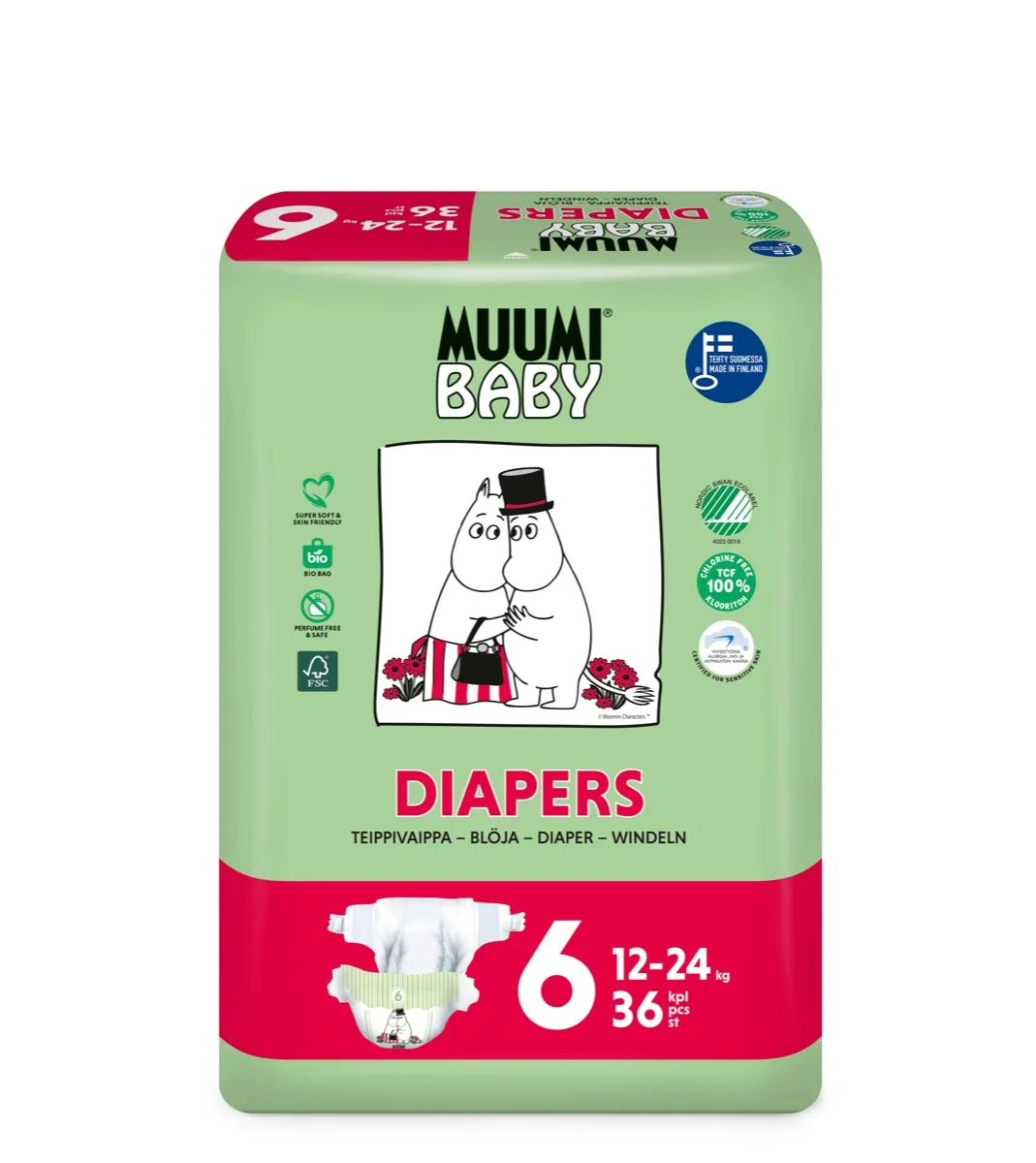 Muumi Baby 6, Pieluszki Ekologiczne 12-24 KG, 36 szt.