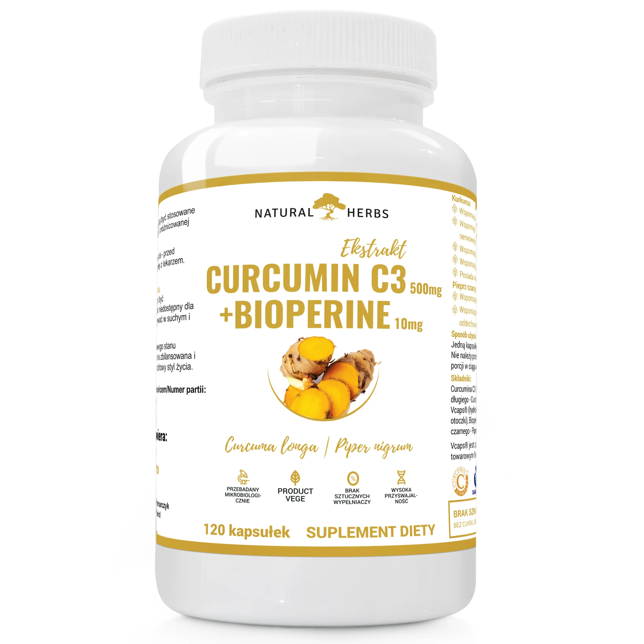 Natural Herbs Ekstrakt Kurkumina + Piperyna 120 kapsułek