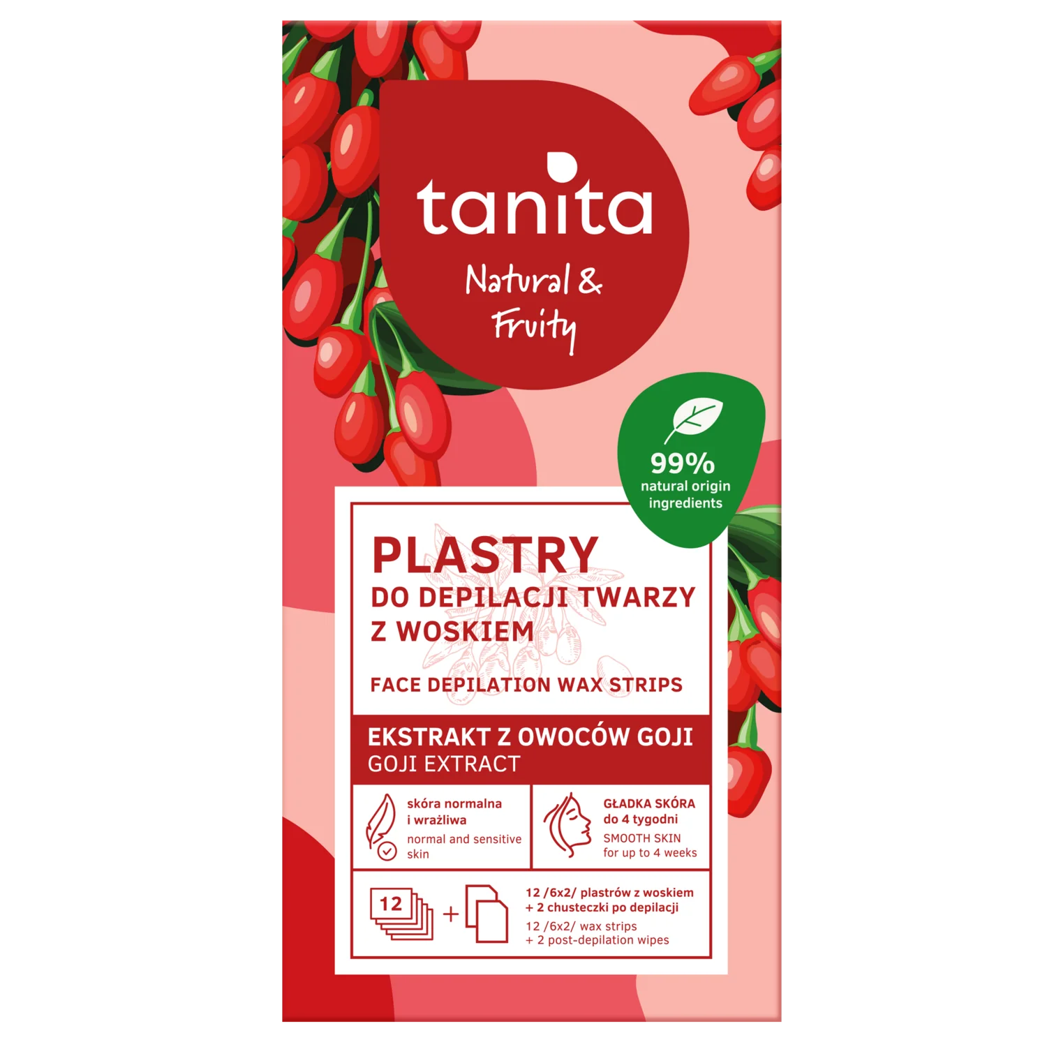 Tanita Natural & Fruity Owoce Goji plastry z woskiem do depilacji twarzy, 12 sztuk