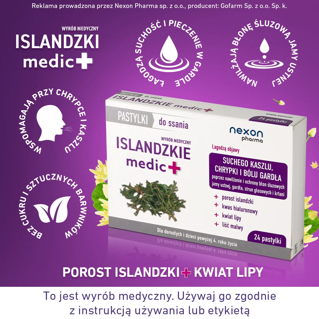 Nexon Pharma Islandzkie medic+ pastylki do ssania, 24 szt.