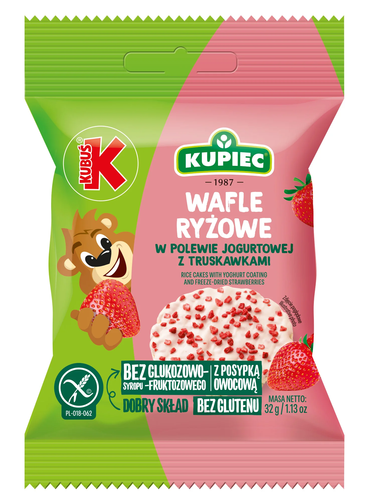 Kupiec wafle ryżowe w polewie jogurtowej z truskawkami, 2 sztuki