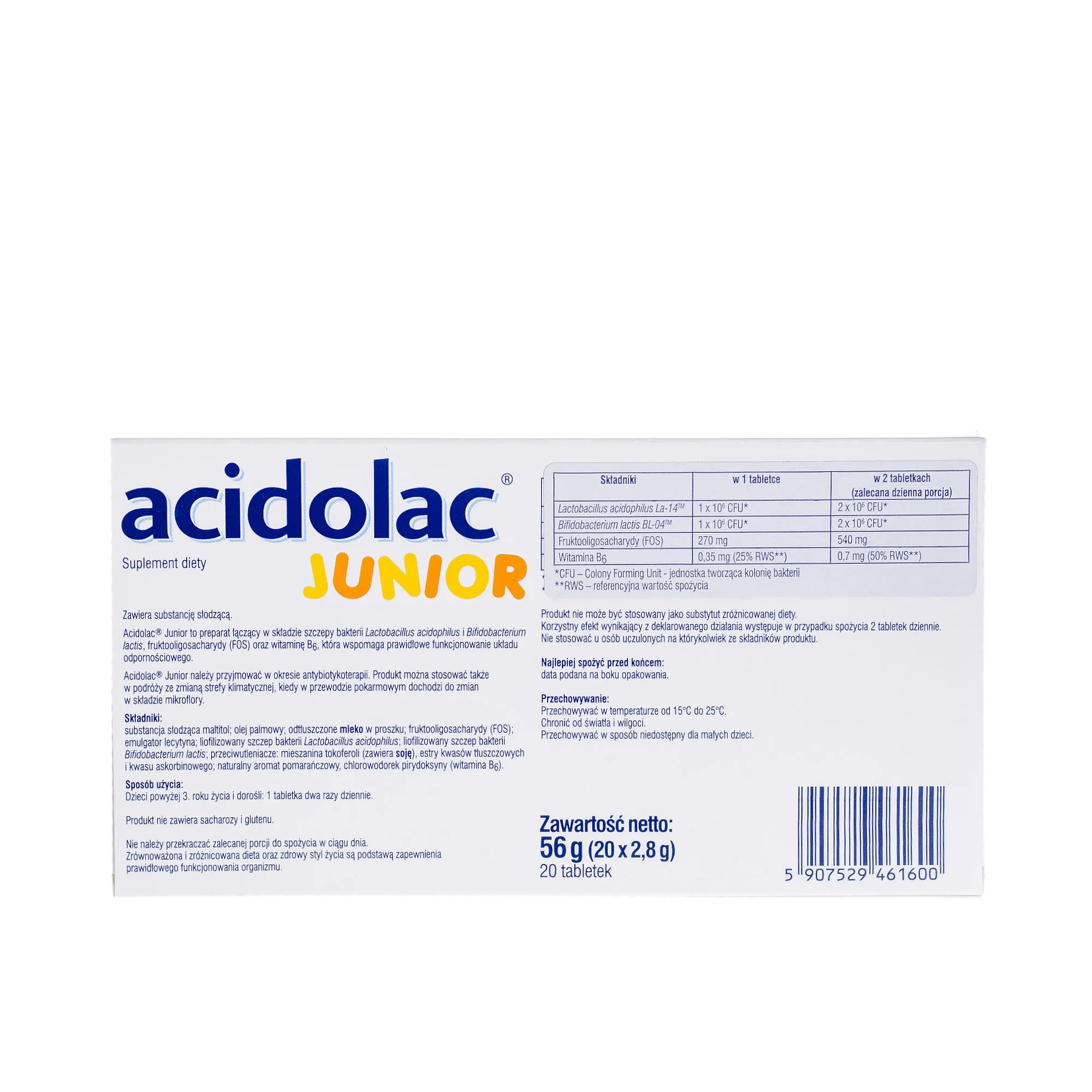 Acidolac Junior, suplement diety, 20 misio-tabletek o smaku pomarańczowym 