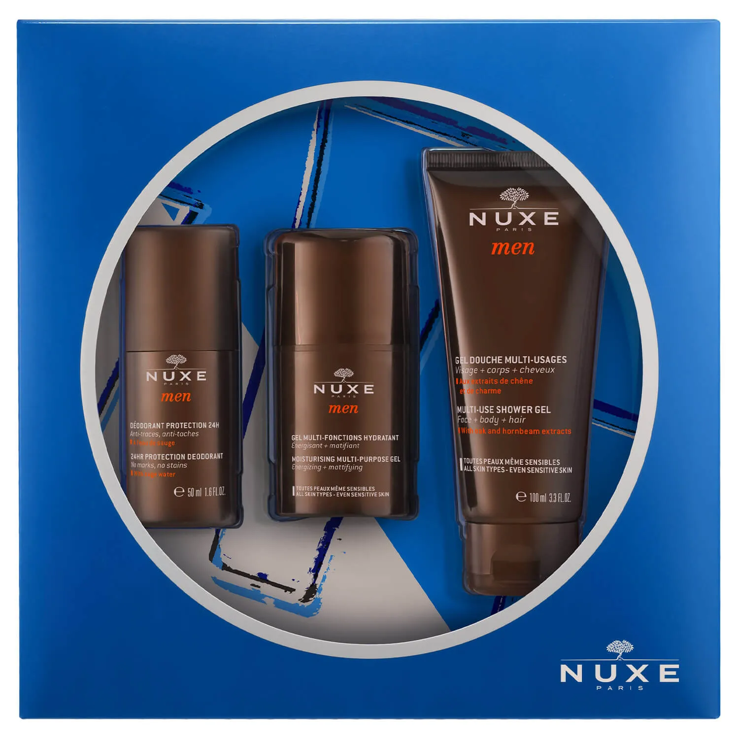 Nuxe Men zestaw, żel nawilżający do twarzy, 50 ml + żel pod prysznic, 100 ml + dezodorant roll-on, 50 ml