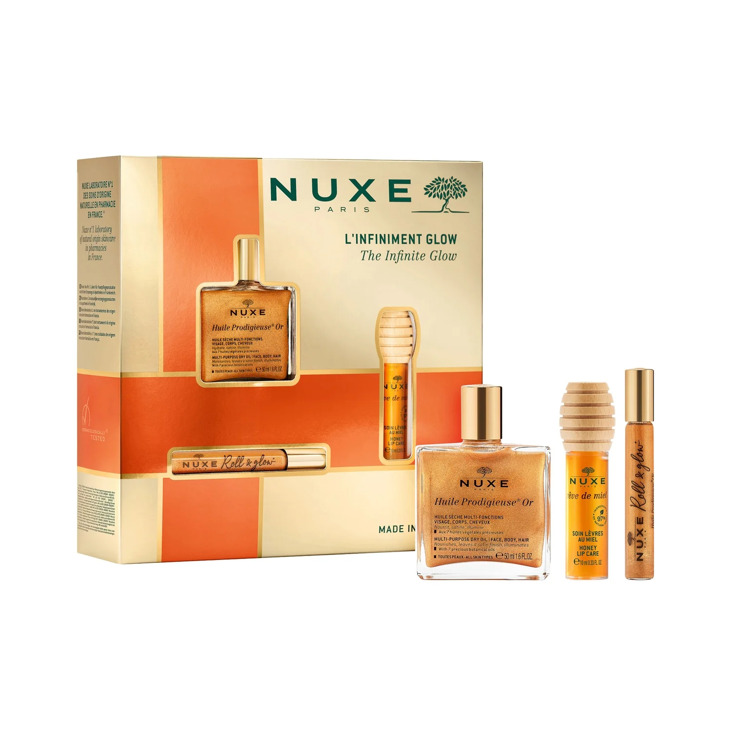 Nuxe The Infinite Glow Huile Prodigieuse Or suchy olejek roll-on, 8 ml + suchy olejek pielęgnacyjny o wielu zastosowaniach ze złotymi drobinkami, 50 ml + Rêve de Miel® Miodowy olejek do ust, 10 ml