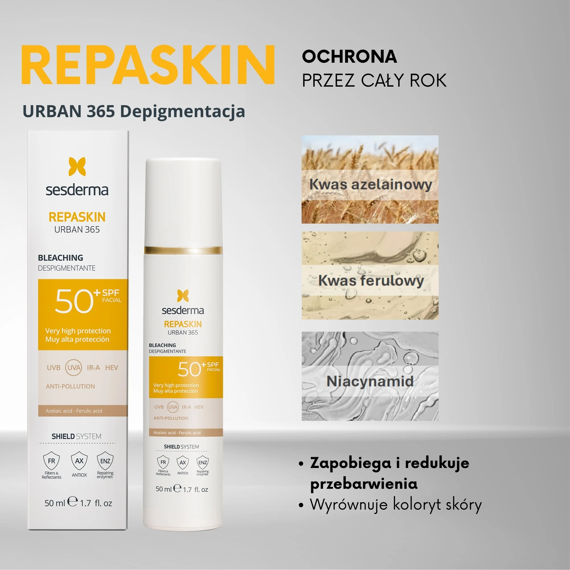 Sesderma Repaskin Urban 365 Depigmentacja krem do twarzy SPF 50+, 50 ml