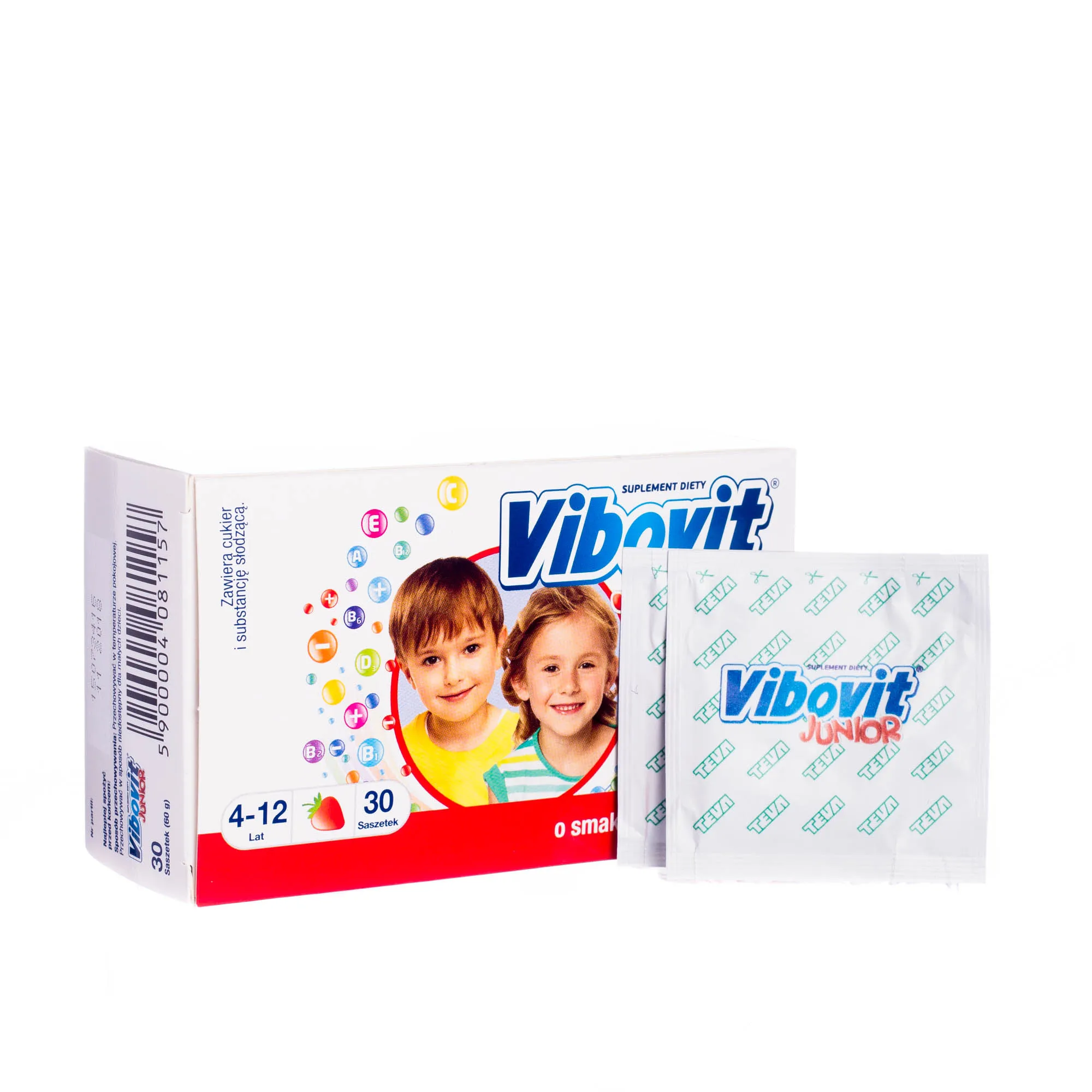 Vibovit Junior - suplement diety zawierający 10 witamin, 30 saszetek o smaku truskawkowym