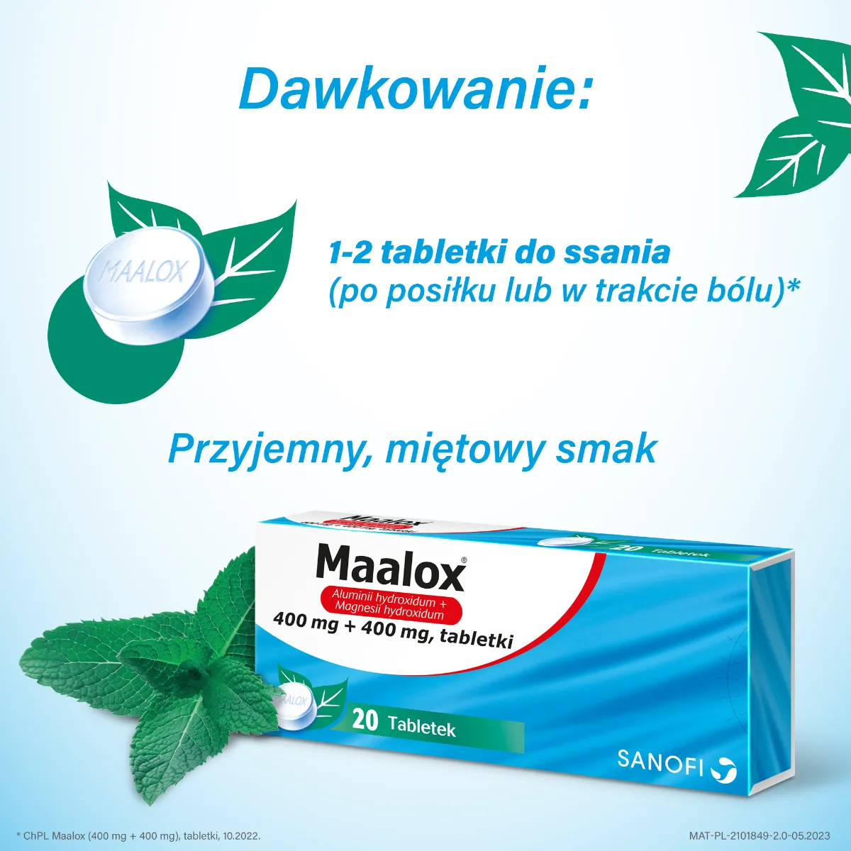 Maalox, smak miętowy, 20 tabletek 