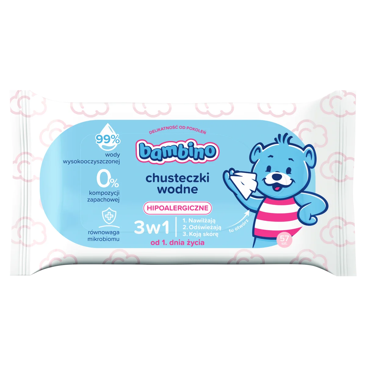 Bambino chusteczki wodne 3w1, 57 sztuk