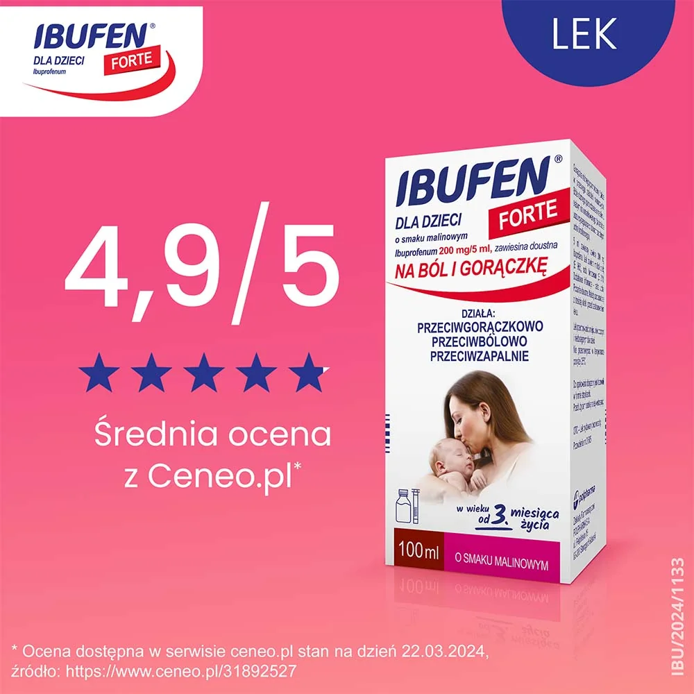 Ibufen dla Dzieci Forte 200mg/5ml, smak malinowy, 100 ml