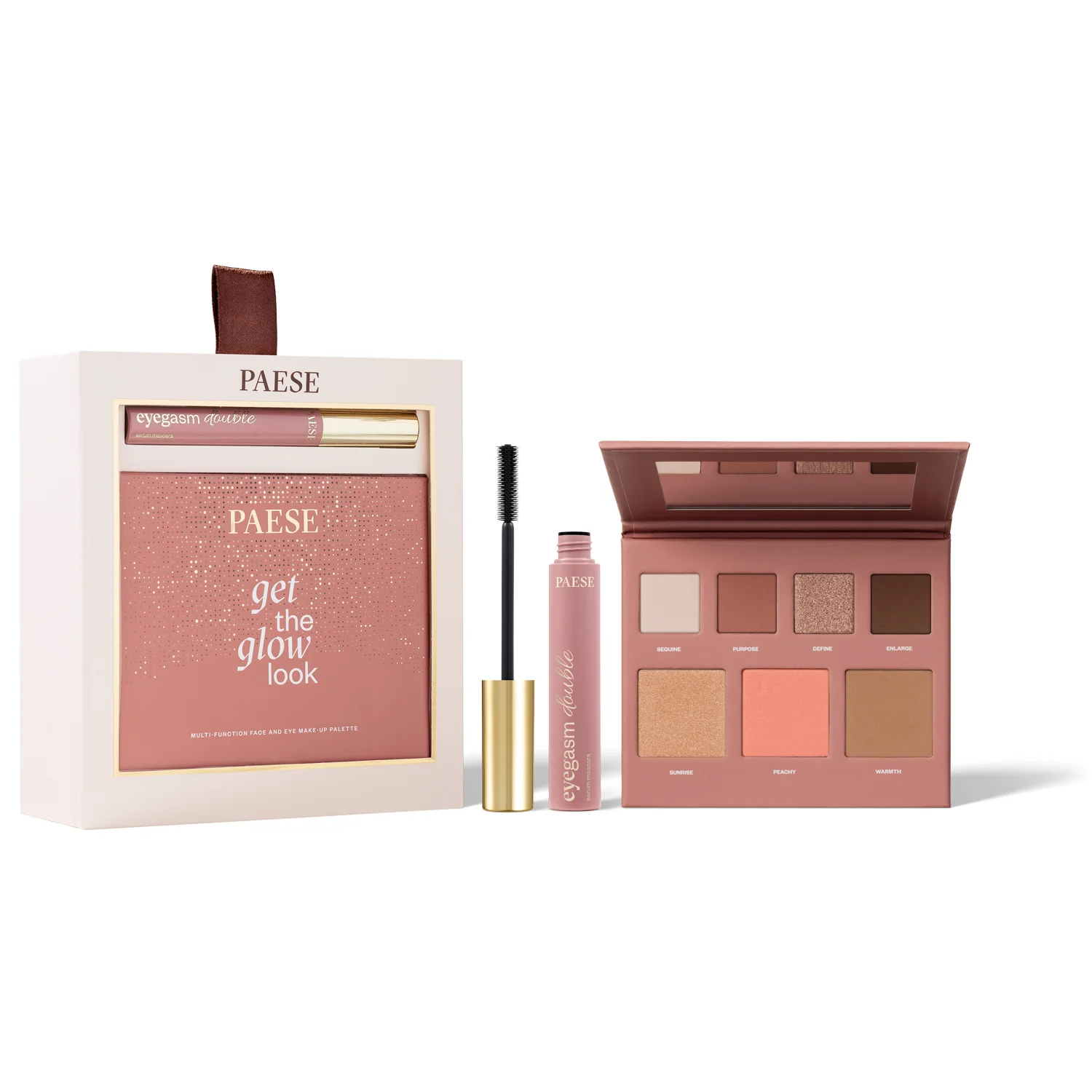 Paese zestaw świąteczny Double Glow Look paleta Get The Glow Look, 16 g + maskara Eyegasm Double, 12 ml