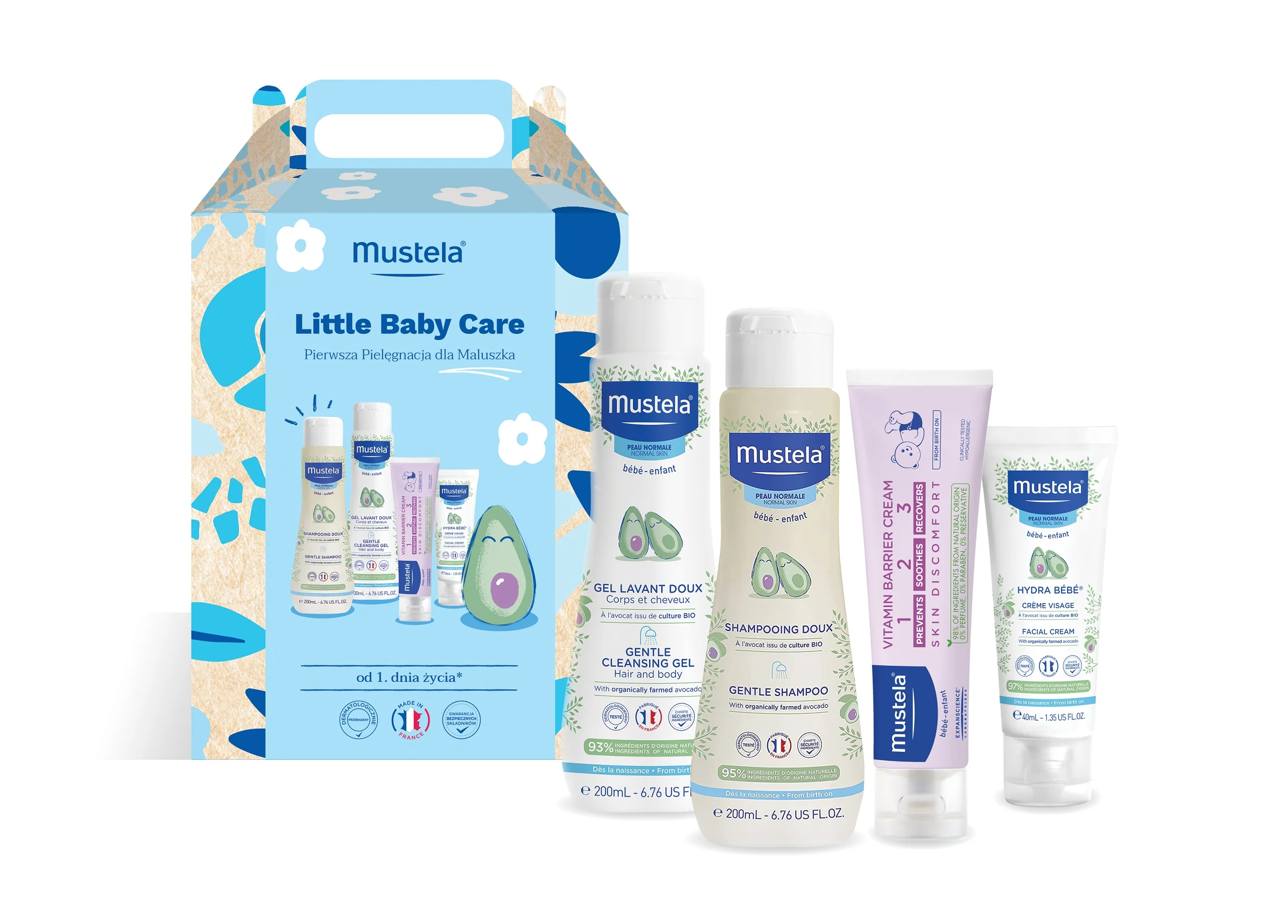 Mustela Little Baby Care delikatny żel, 200 ml + delikatny szampon, 200 ml + Hydra Bebe do twarzy, 40 ml + krem do przewijania, 50 ml